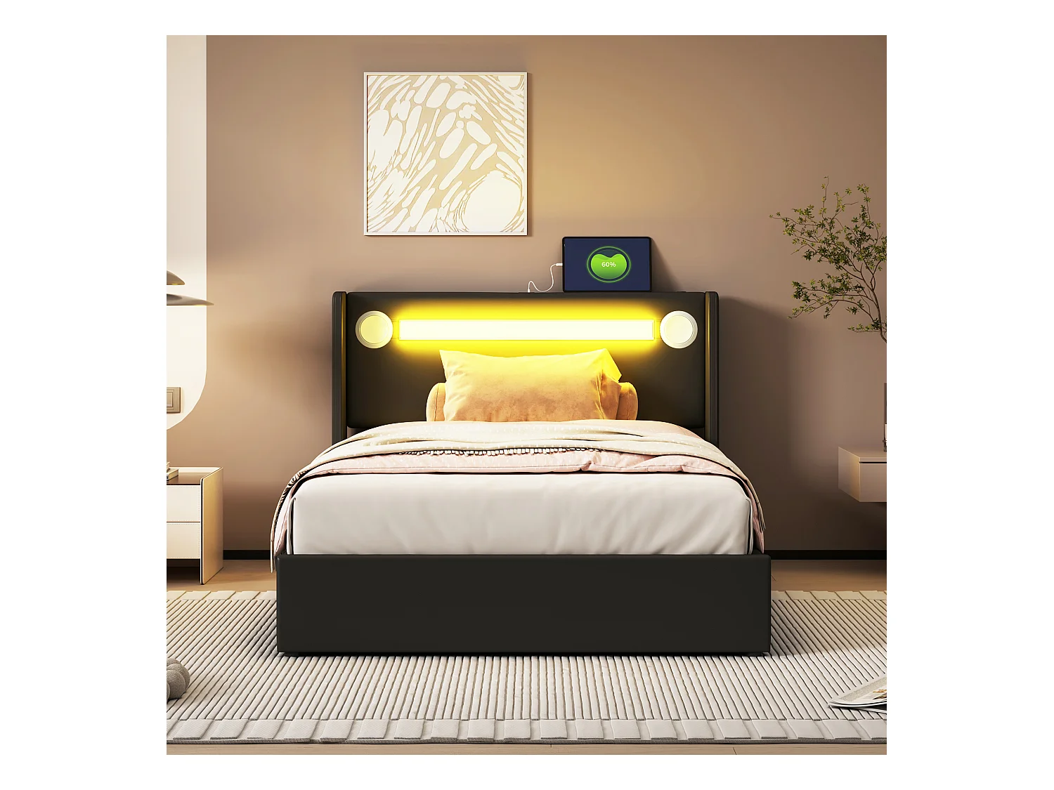 Lit pour enfant 90x200 cm avec LED, Bluetooth et USB, Lit multifonction en PU cuir, Noir (212.5x96.5x103 cm)