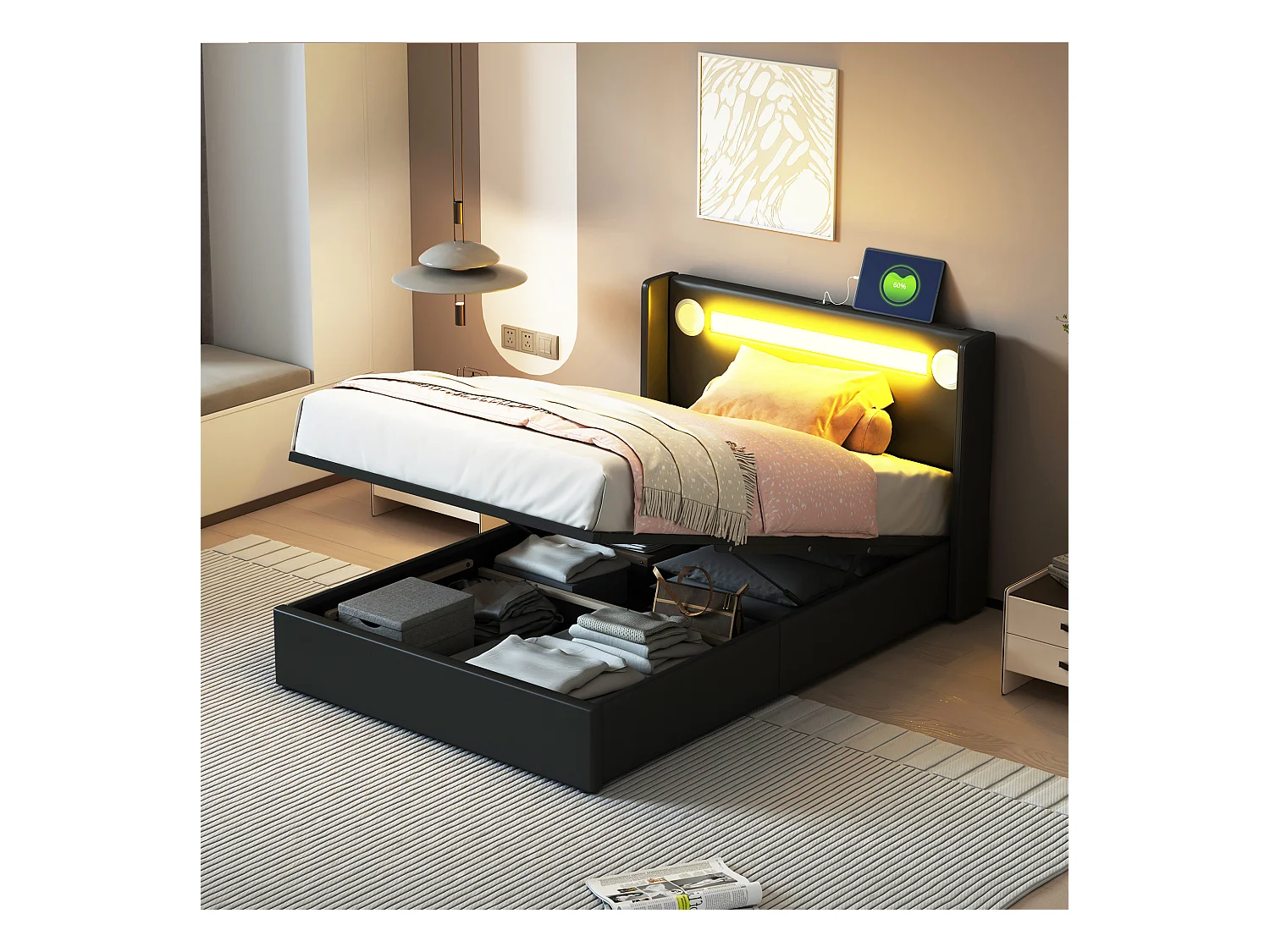 Lit pour enfant 90x200 cm avec LED, Bluetooth et USB, Lit multifonction en PU cuir, Noir (212.5x96.5x103 cm)