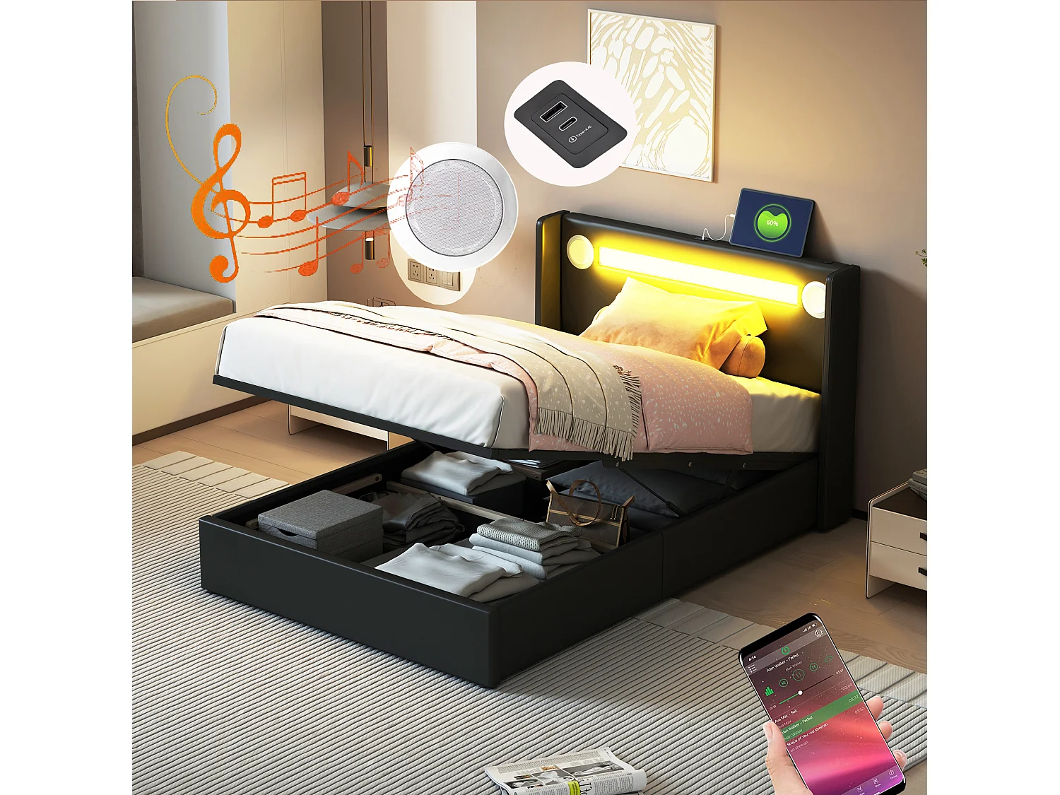 Lit pour enfant 90x200 cm avec LED, Bluetooth et USB, Lit multifonction en PU cuir, Noir (212.5x96.5x103 cm)