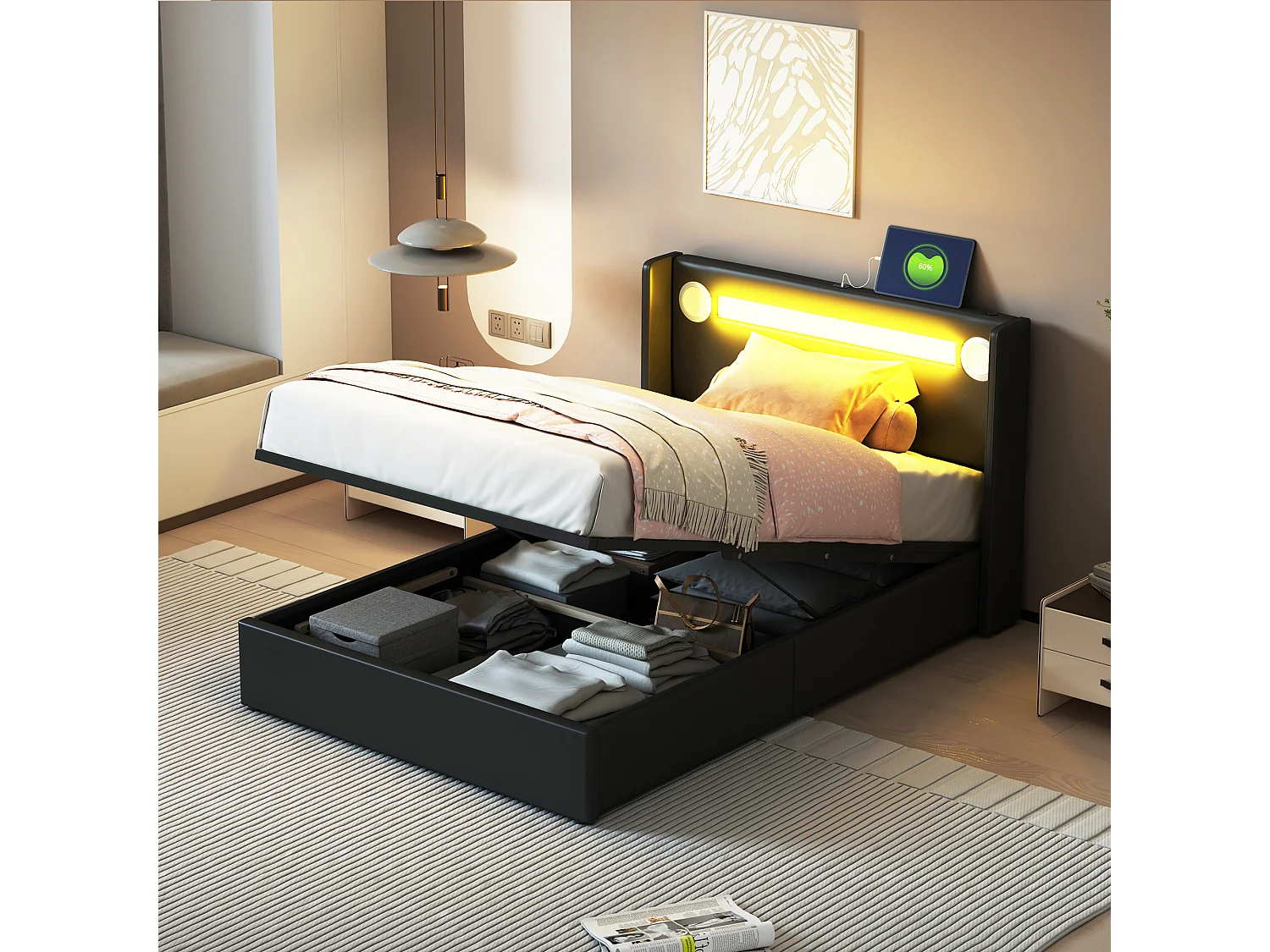 Cama infantil multifuncional de 90 x 200 cm con LED, Bluetooth y USB, de piel sintética, color negro (212,5 x 96,5 x 103 cm)