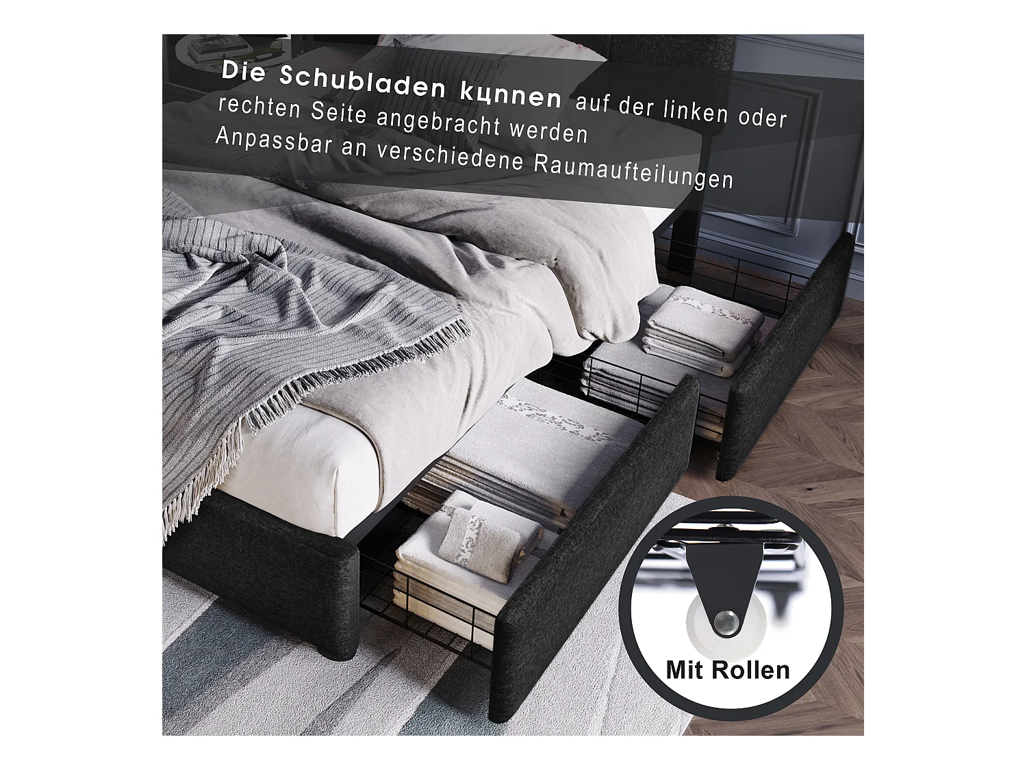 Lit avec LED, 2 tiroirs et tête de lit réglable, lit simple 90x200cm, structure en bois et métal, lin gris (dimensions : 208x100.5x93.5 cm)