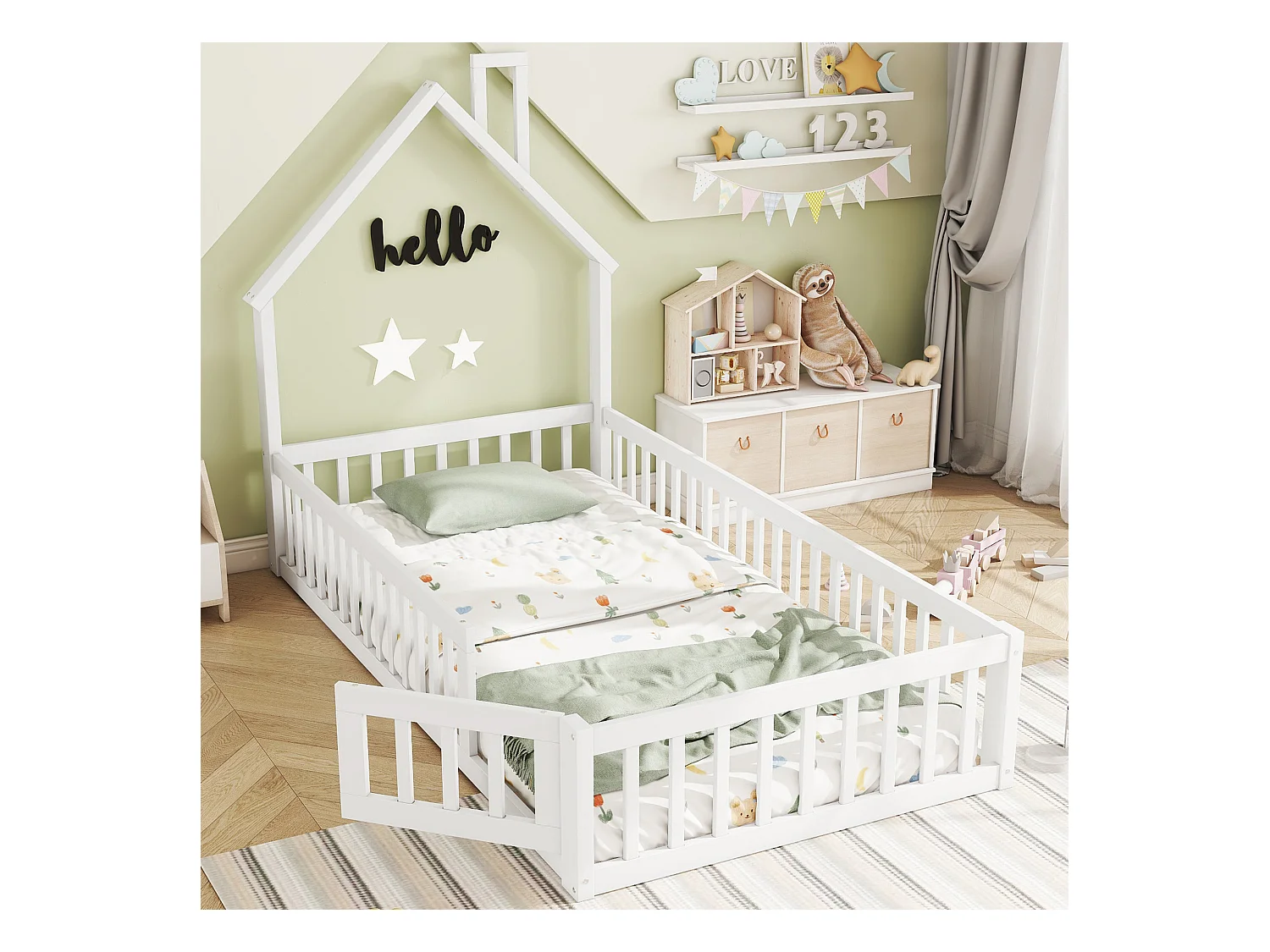 Lit maison pour enfant 90x200 cm, design cheminée, avec barrières de sécurité, en bois de pin, blanc (205x95x138.7 cm)