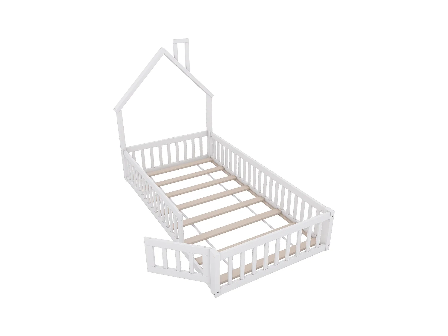Lit maison pour enfant 90x200 cm, design cheminée, avec barrières de sécurité, en bois de pin, blanc (205x95x138.7 cm)