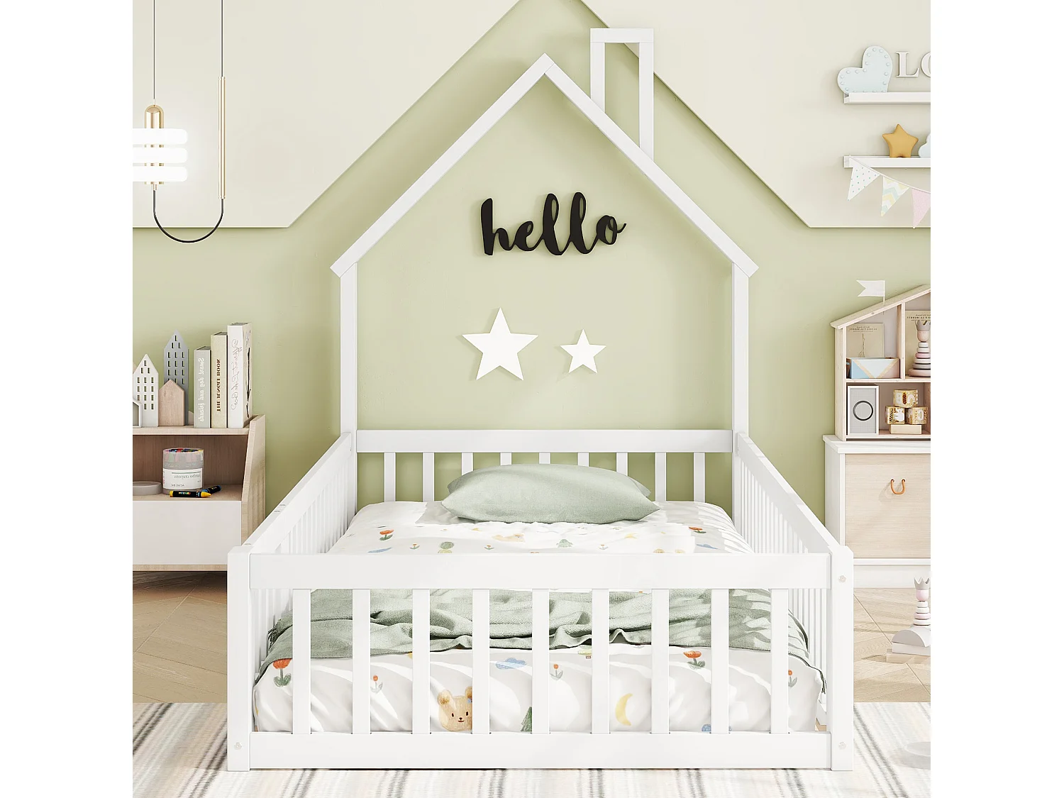 Letto a casetta per bambini 90x200 cm, design camino, con sponde di sicurezza, in legno di pino, bianco (205x95x138,7 cm)