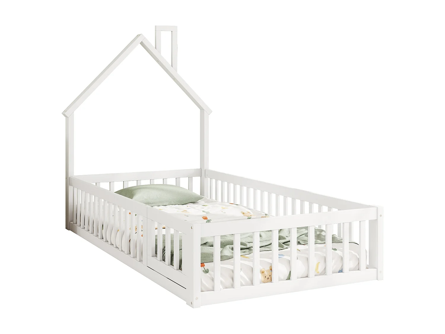 Letto a casetta per bambini 90x200 cm, design camino, con sponde di sicurezza, in legno di pino, bianco (205x95x138,7 cm)