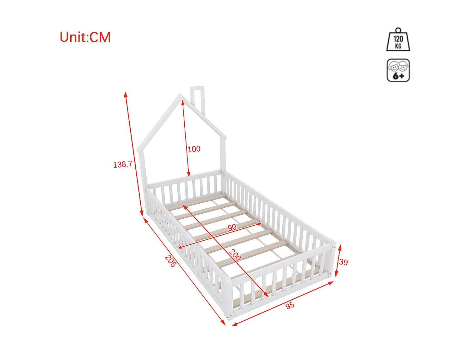 Letto a casetta per bambini 90x200 cm, design camino, con sponde di sicurezza, in legno di pino, bianco (205x95x138,7 cm)