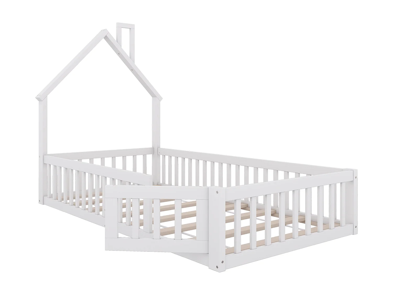 Letto a casetta per bambini 90x200 cm, design camino, con sponde di sicurezza, in legno di pino, bianco (205x95x138,7 cm)