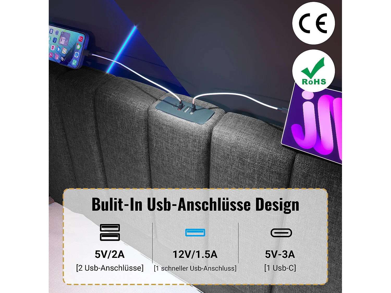 Bed 160×200, Bed met opbergruimte, LED-bediening via app en USB-C-lader, PU, Grijs (247x211x112 cm)