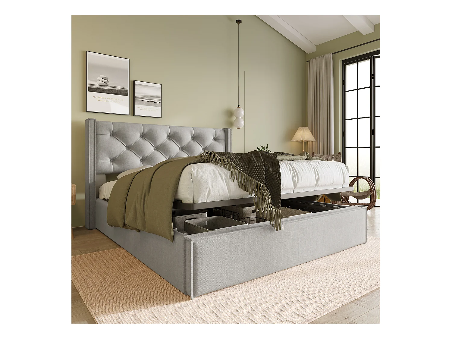 Lit double hydraulique avec rangement, tête de lit réglable, 160x200 cm, en coton gris, avec sommier à lattes en métal (dimensions : 203x171x110 cm)