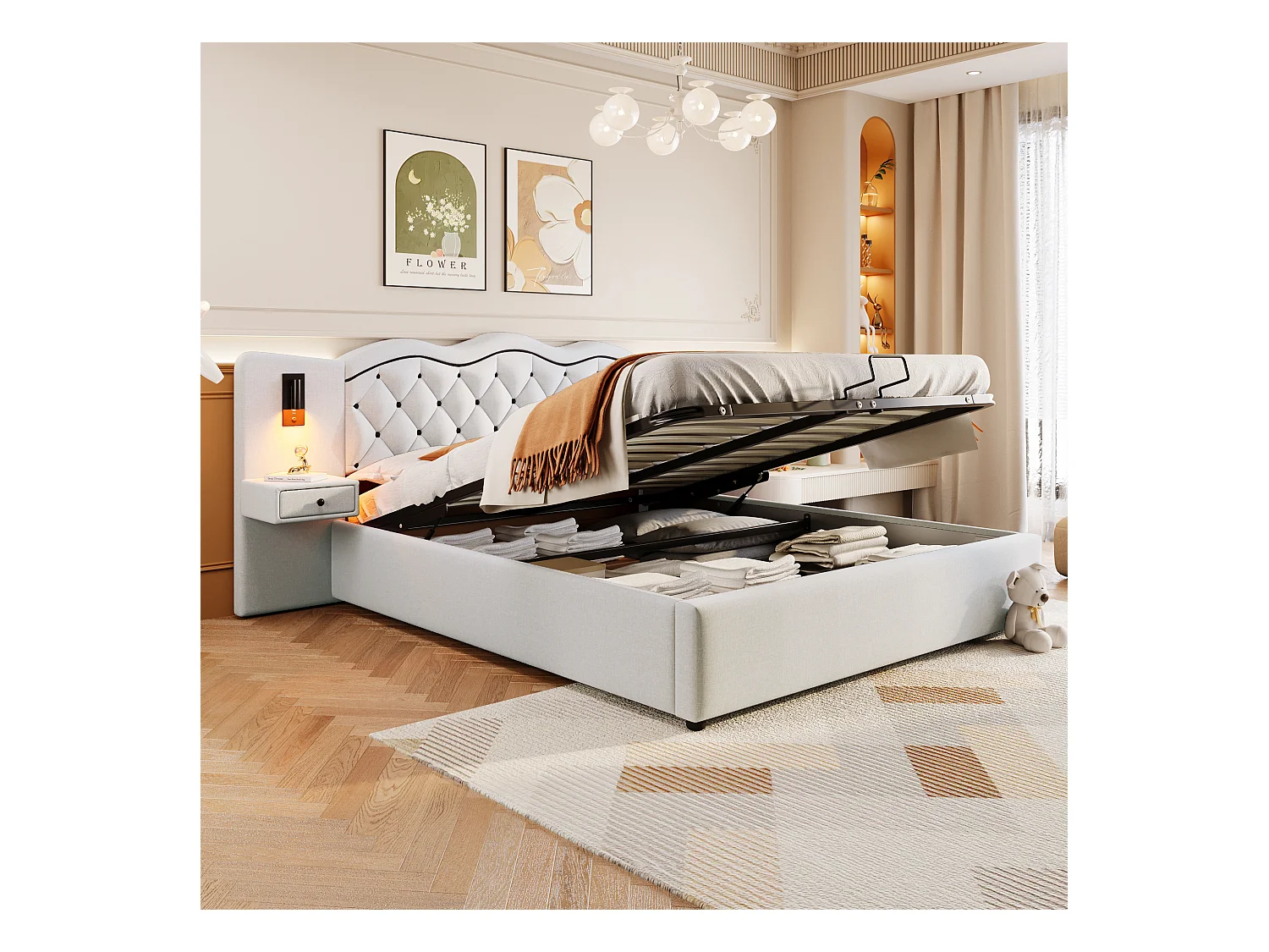 Lit plat 180\200 cm, avec tête de lit intégrée, hydraulique, USB, éclairage et grand espace de rangement, Beige (205x245x102.5 cm)