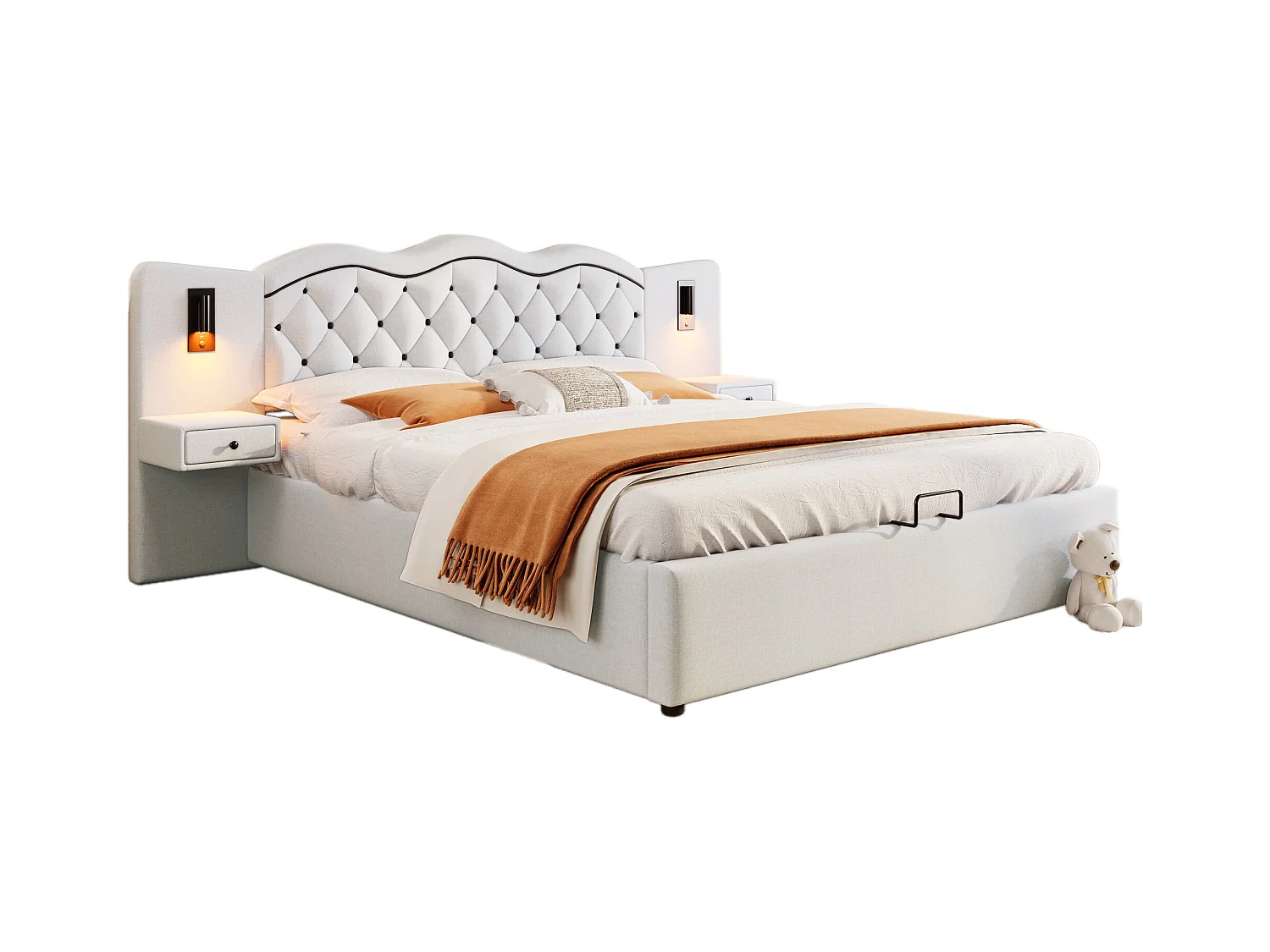 Lit plat 180\200 cm, avec tête de lit intégrée, hydraulique, USB, éclairage et grand espace de rangement, Beige (205x245x102.5 cm)