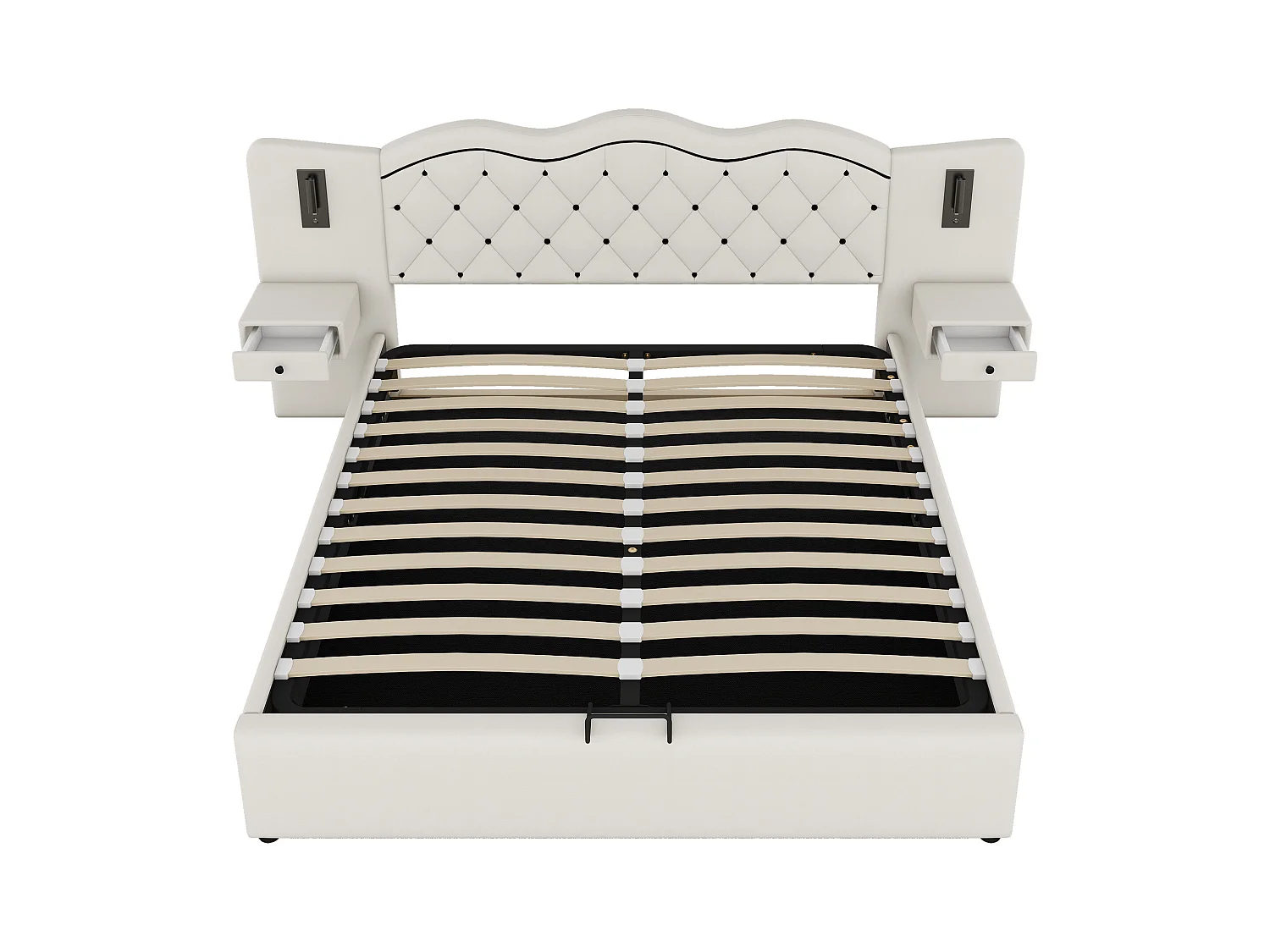 Lit plat 180\200 cm, avec tête de lit intégrée, hydraulique, USB, éclairage et grand espace de rangement, Beige (205x245x102.5 cm)