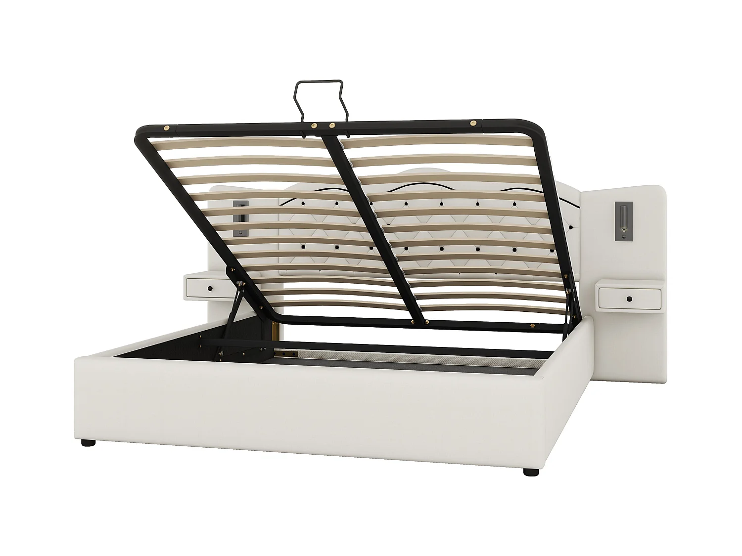 Lit plat 180\200 cm, avec tête de lit intégrée, hydraulique, USB, éclairage et grand espace de rangement, Beige (205x245x102.5 cm)