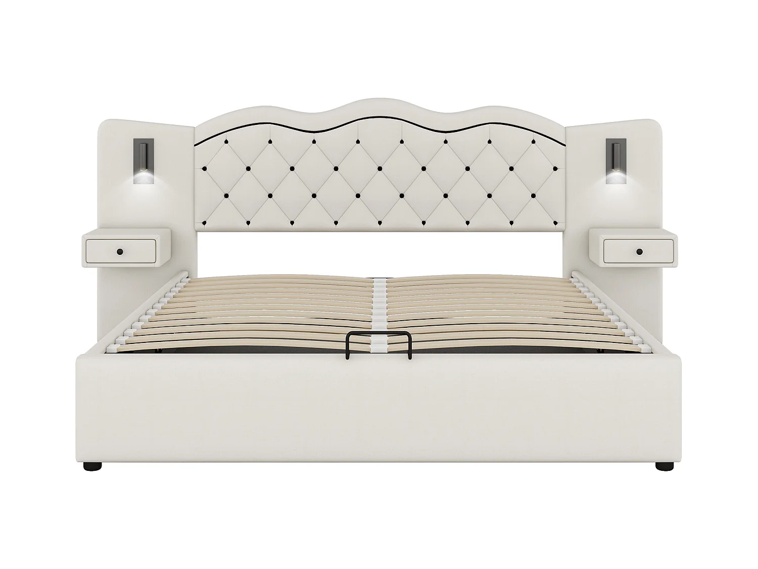 Lit plat 180\200 cm, avec tête de lit intégrée, hydraulique, USB, éclairage et grand espace de rangement, Beige (205x245x102.5 cm)