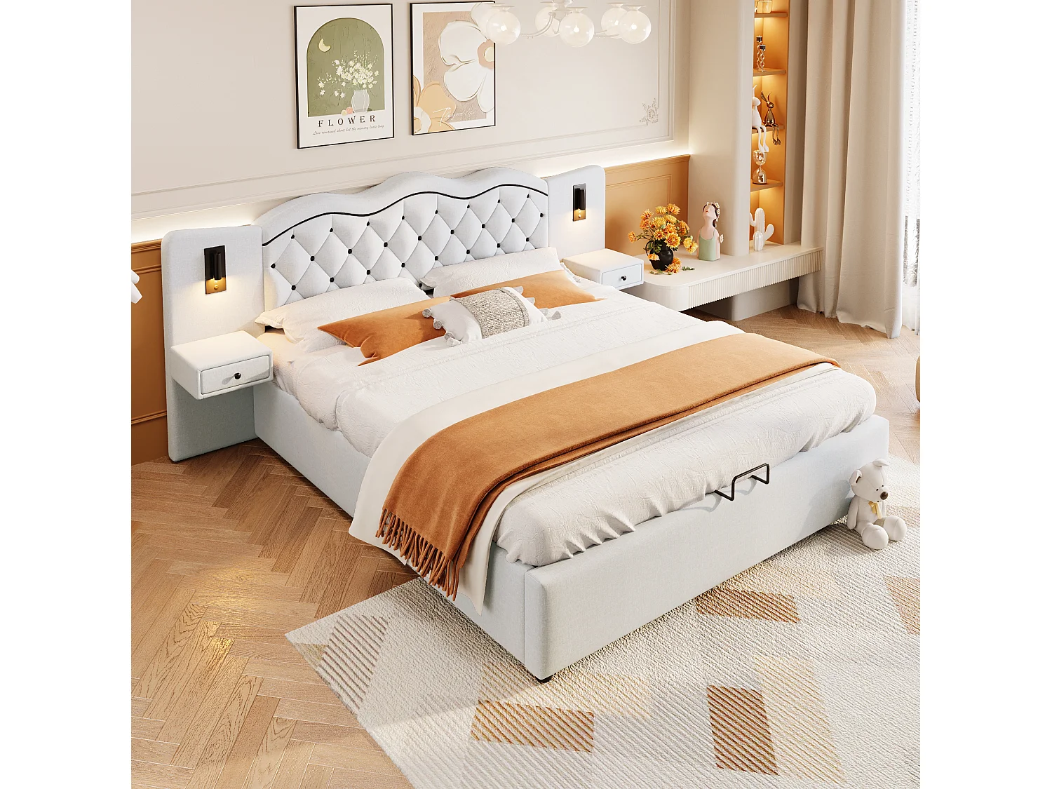 Vlak bed 180\200 cm, met geïntegreerd hoofdeinde, hydraulisch, USB, verlichting en veel opbergruimte, Beige (205x245x102,5 cm)