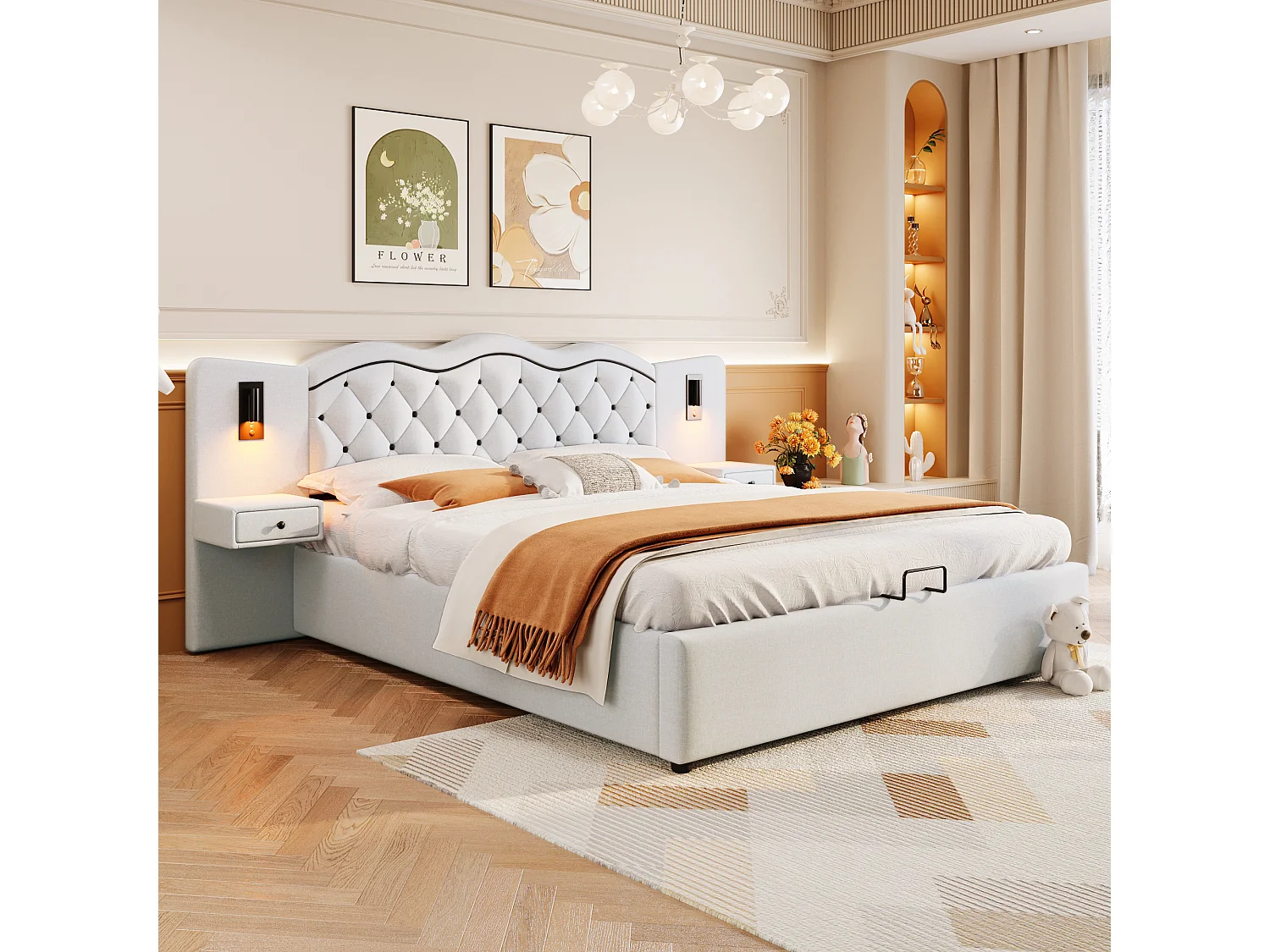 Vlak bed 180\200 cm, met geïntegreerd hoofdeinde, hydraulisch, USB, verlichting en veel opbergruimte, Beige (205x245x102,5 cm)