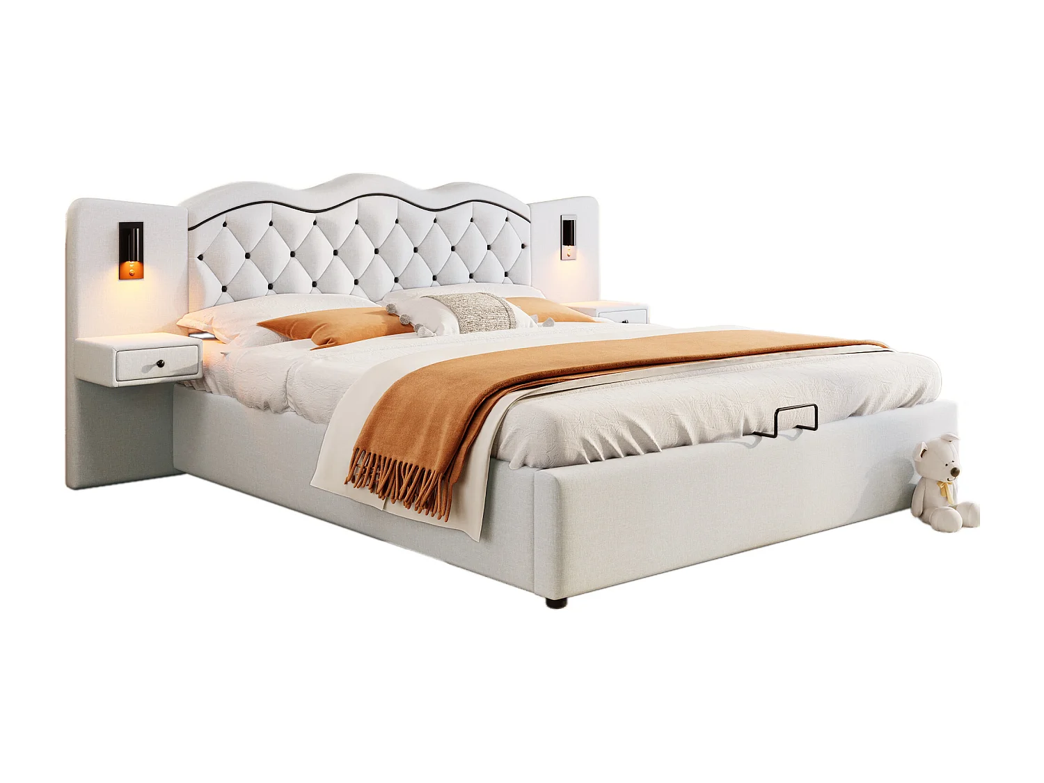 Vlak bed 180\200 cm, met geïntegreerd hoofdeinde, hydraulisch, USB, verlichting en veel opbergruimte, Beige (205x245x102,5 cm)