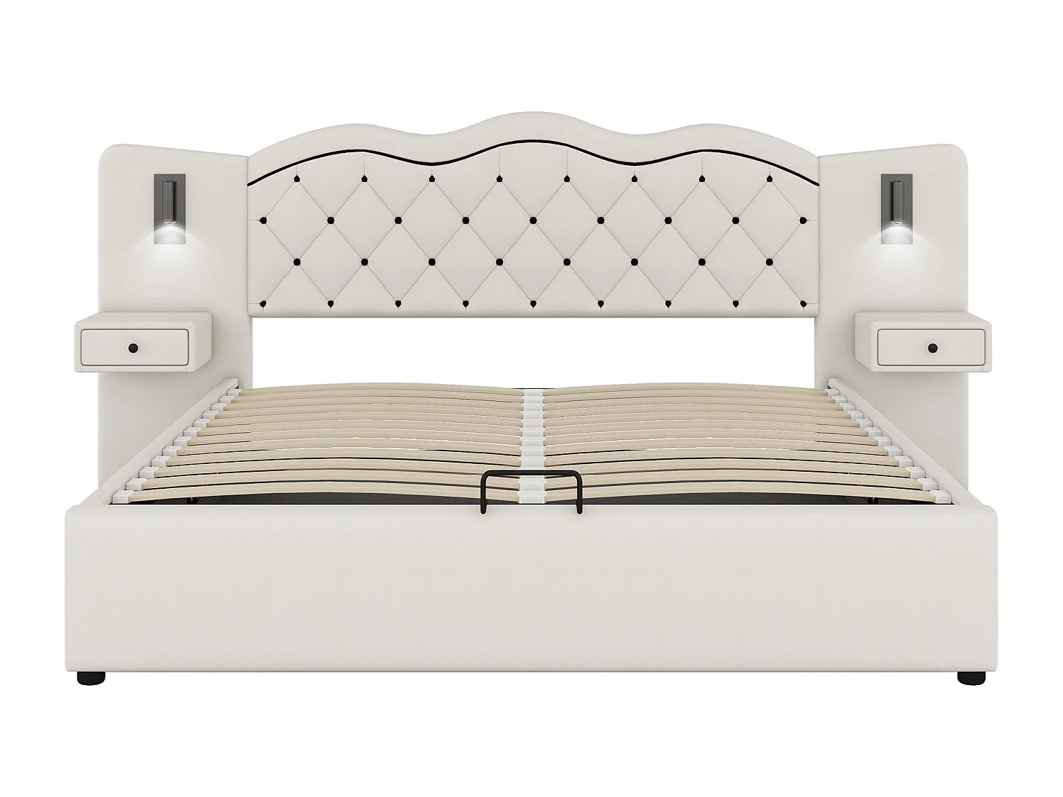 Vlak bed 180\200 cm, met geïntegreerd hoofdeinde, hydraulisch, USB, verlichting en veel opbergruimte, Beige (205x245x102,5 cm)