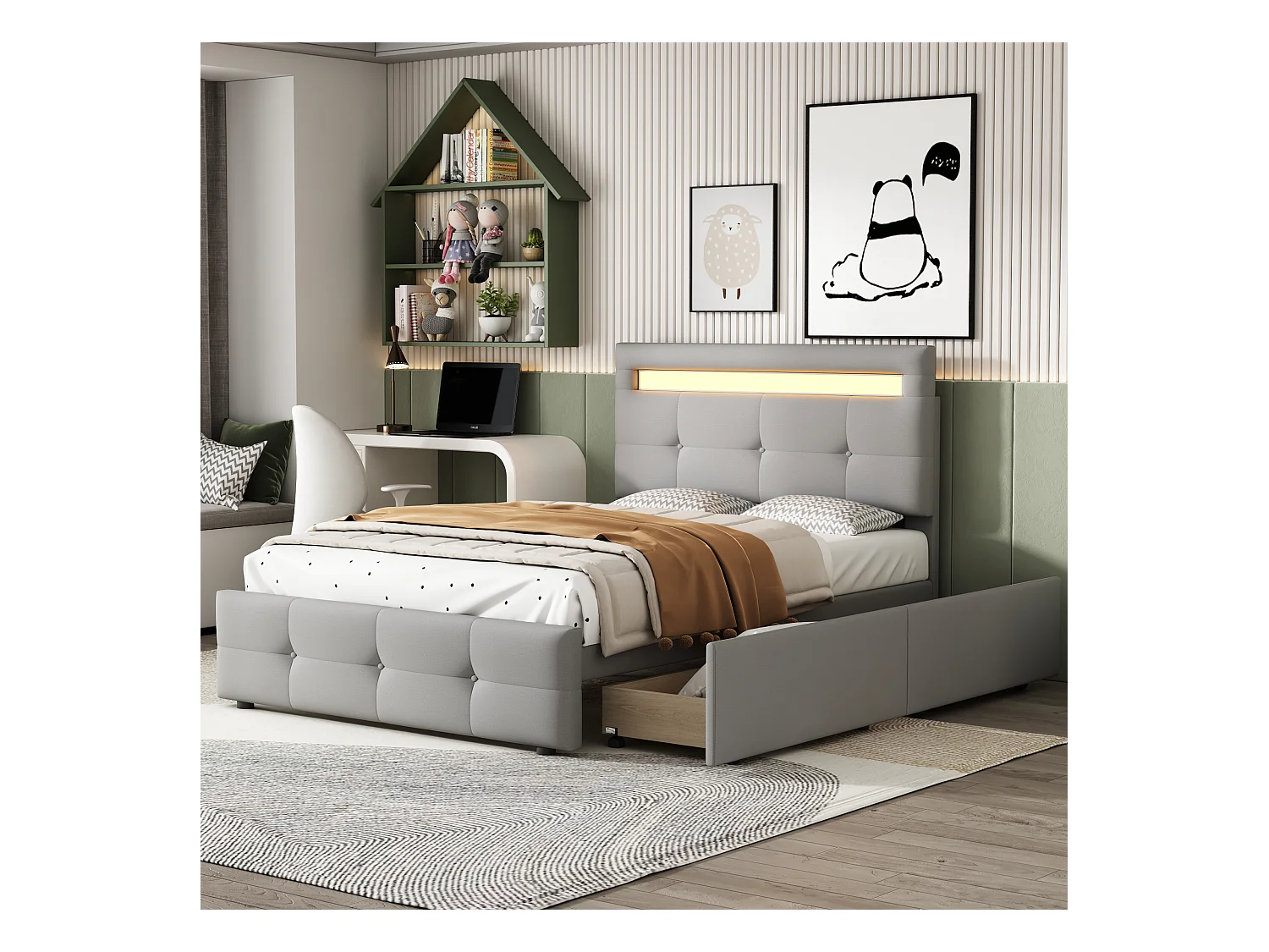 Lit simple 90x200cm avec LED, 2 tiroirs, revêtement lin, gris, structure robuste (210x99x106cm)