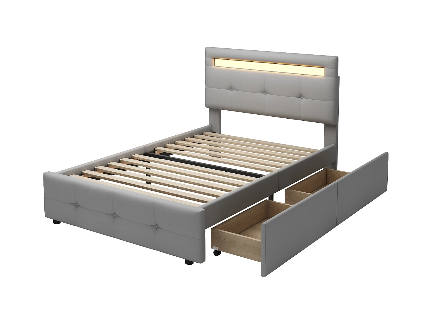 Lit simple 90x200cm avec LED, 2 tiroirs, revêtement lin, gris, structure robuste (210x99x106cm)