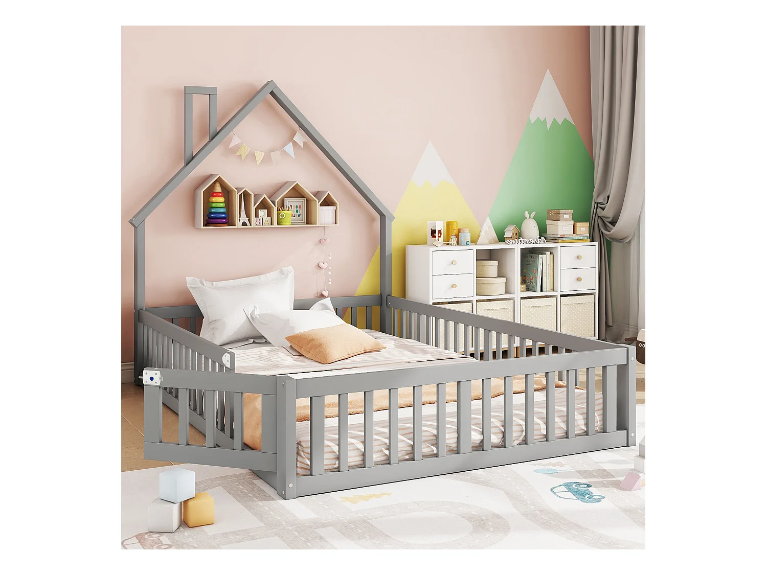 Kinderbed in de vorm van een open haard, 140 x 190 cm, dennenhout, grijs, met lattenbodem (zonder matras) (206,5 x 151 x 164 cm)