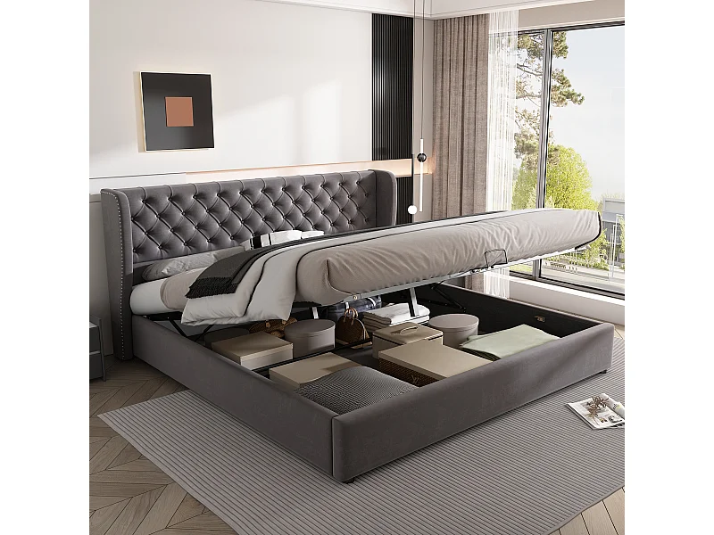 Letto imbottito a forma di cuscino, doppia fila di rivetti, flanella, idraulico con contenitore, 140\190 cm, grigio