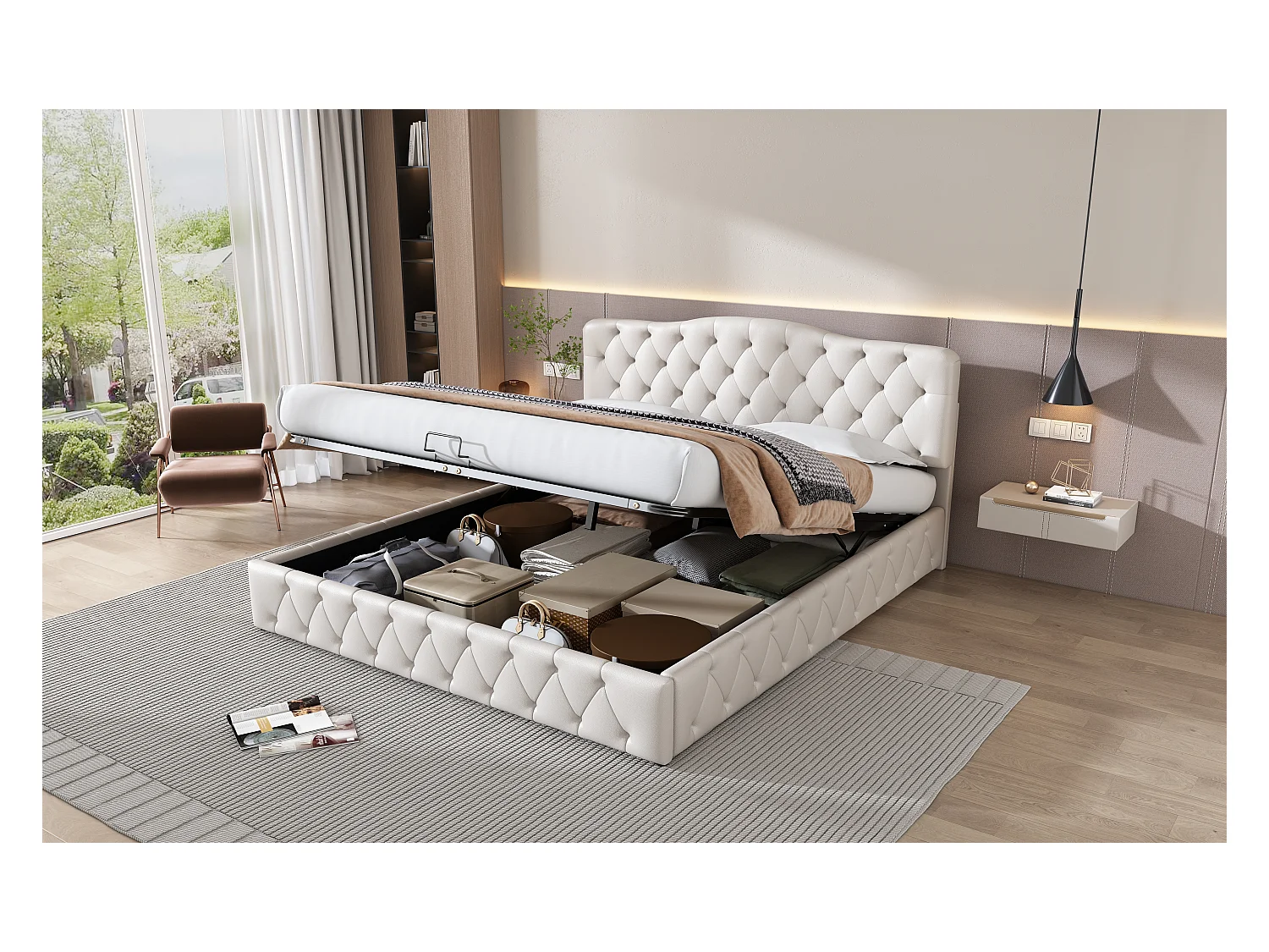 Lit avec tête de lit réglable, 180x200 cm, avec sommier à lattes, design moderne, PU, blanc