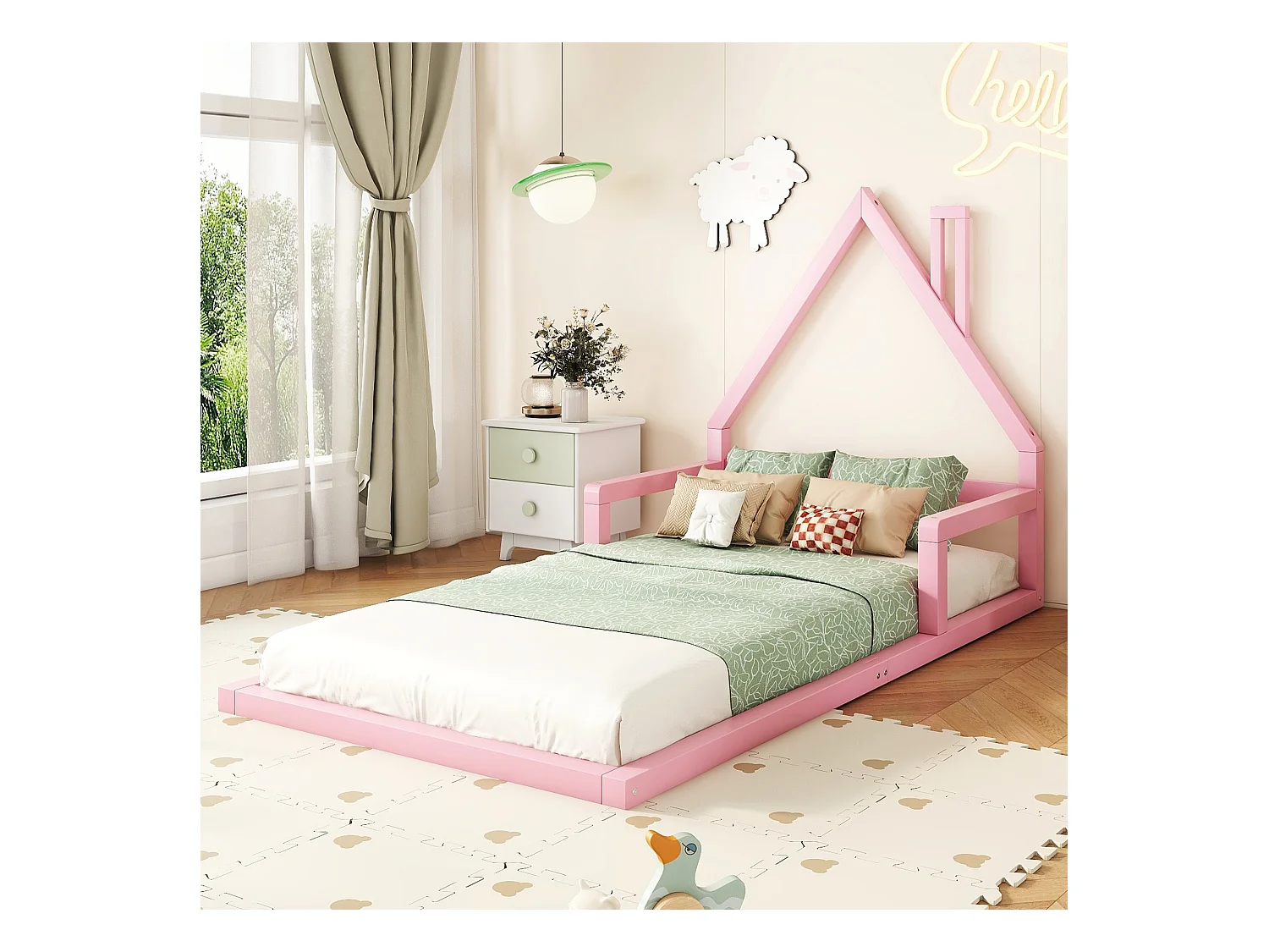 Lit enfant, 90x200 cm, Lit plat en forme de maison, bois de pin massif, design simple, rose (209x99x107 cm)