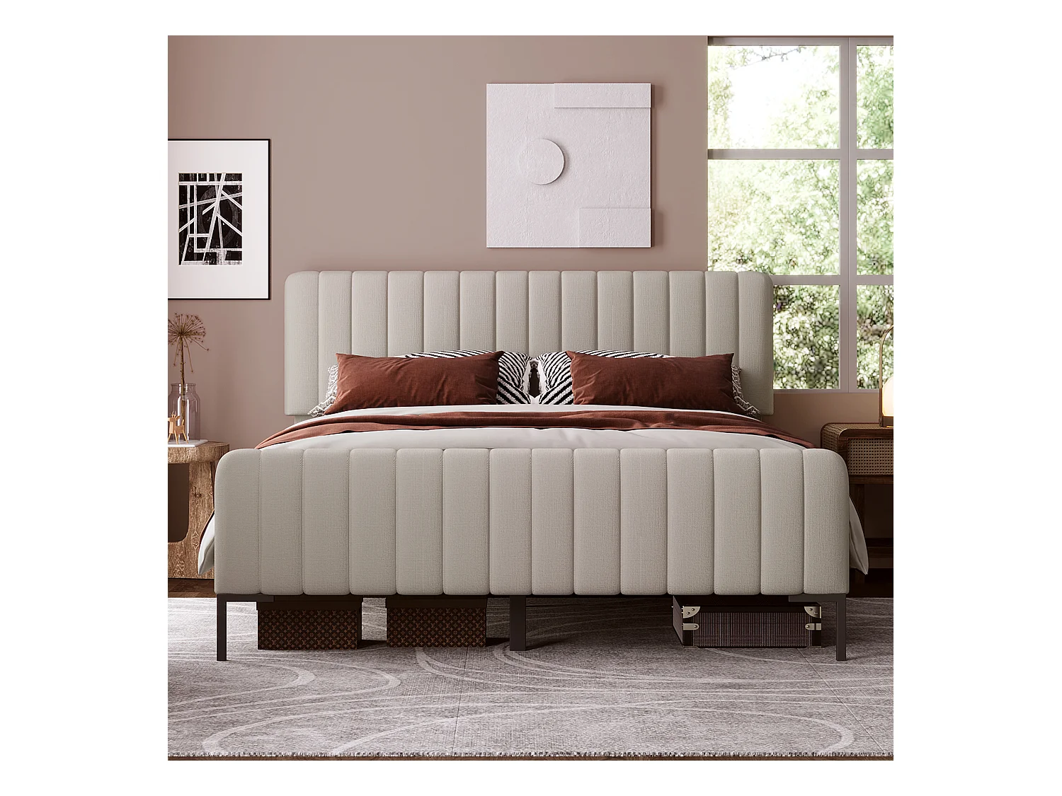 Lit double tapissé avec sommier et tête de lit réglable, lin, gris-beige (209x185x107cm)