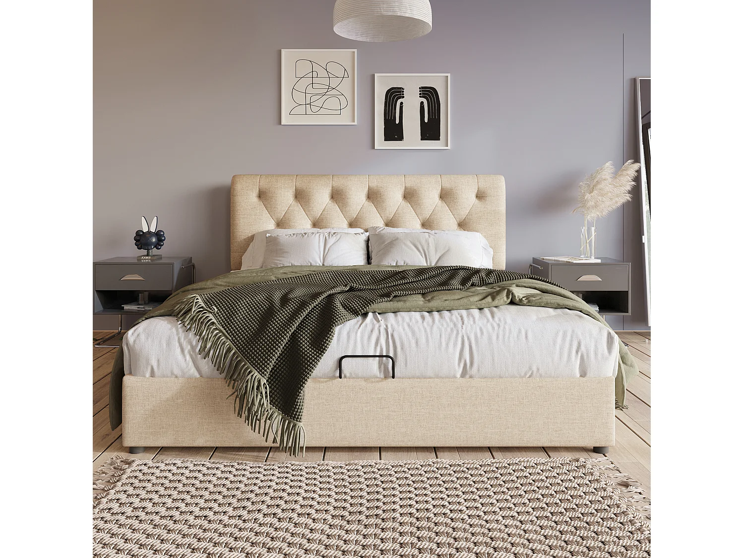 Lit double avec coffre hydraulique, tête de lit réglable, lin naturel, cadre métallique, rangement intégré (212x148x112cm)