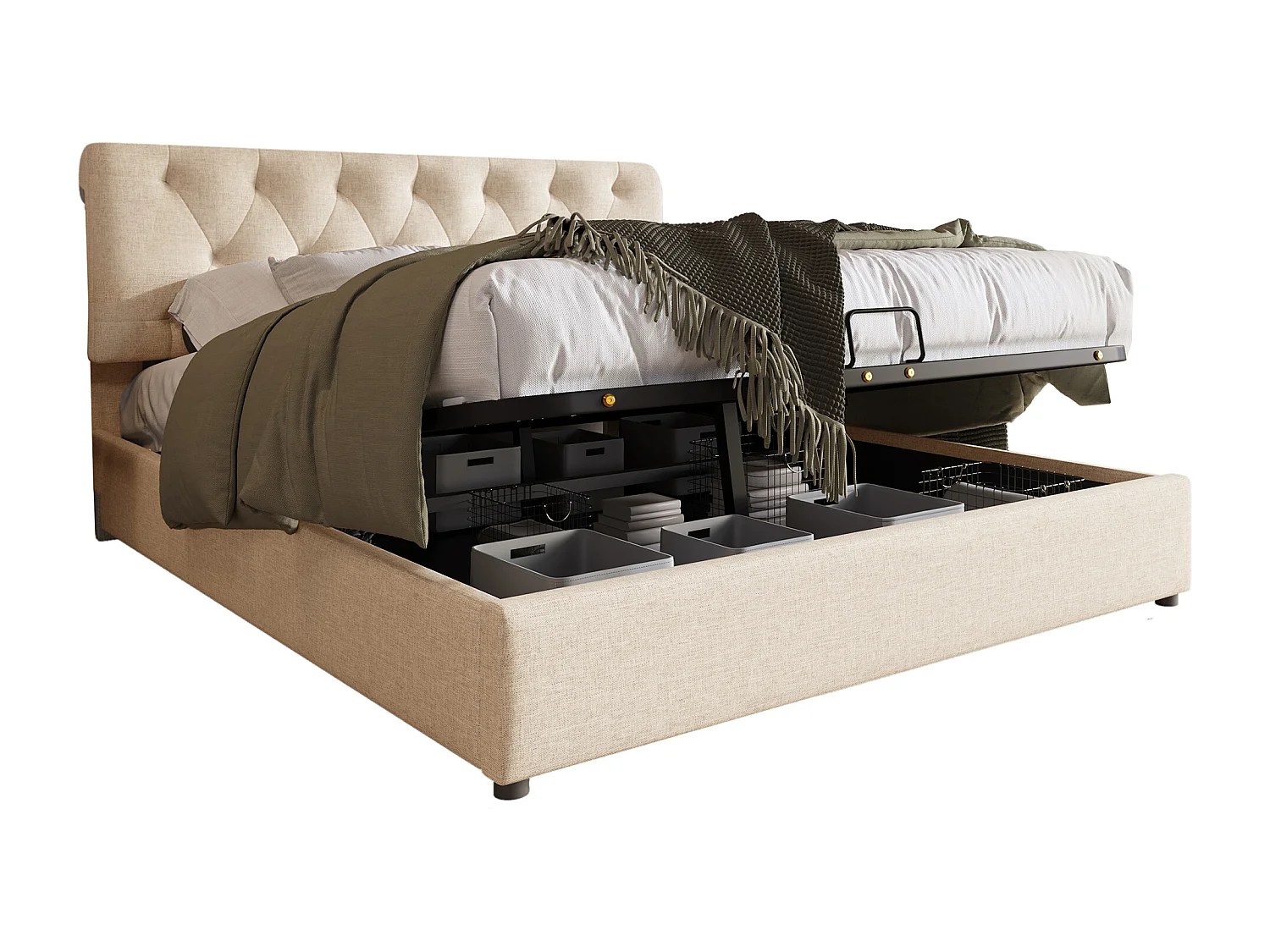 Lit double avec coffre hydraulique, tête de lit réglable, lin naturel, cadre métallique, rangement intégré (212x148x112cm)