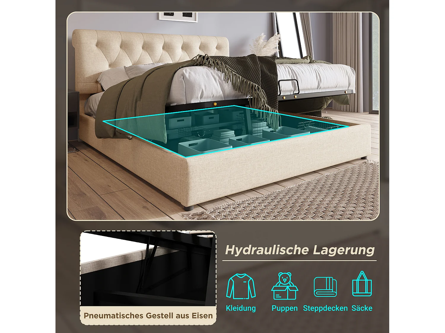 Tweepersoonsbed met hydraulische opbergruimte, verstelbaar hoofdeinde, natuurlijk linnen, metalen frame, geïntegreerde opbergruimte (212x148x112cm)