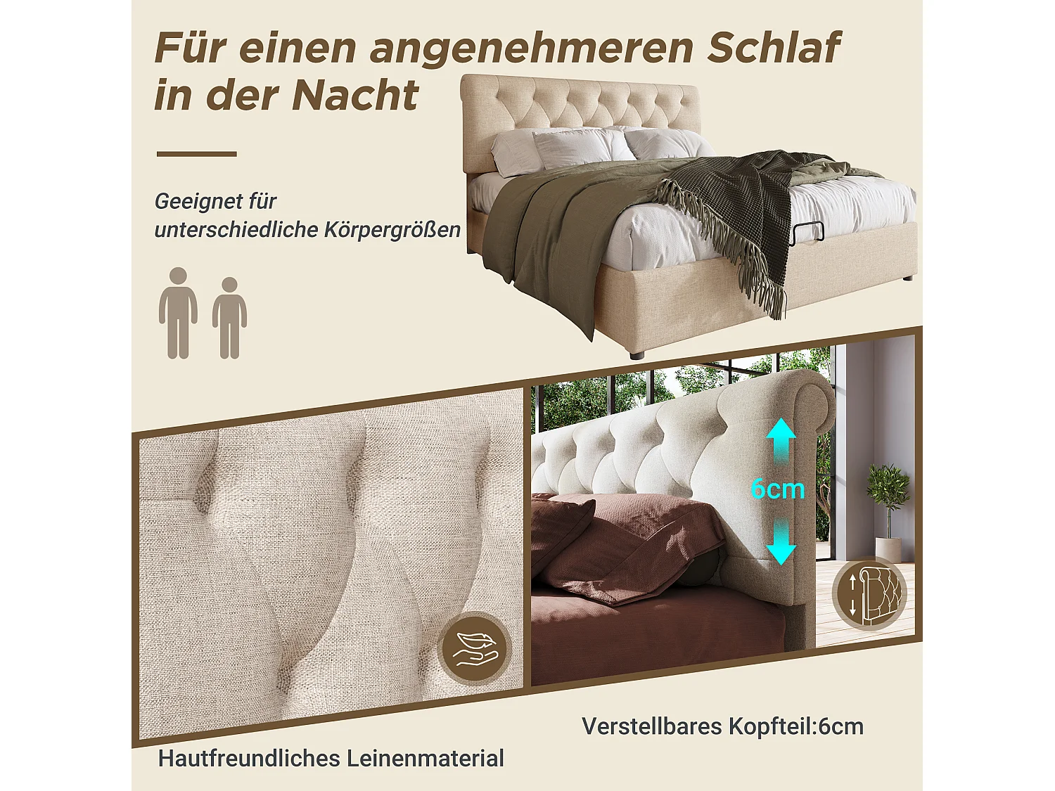 Tweepersoonsbed met hydraulische opbergruimte, verstelbaar hoofdeinde, natuurlijk linnen, metalen frame, geïntegreerde opbergruimte (212x148x112cm)