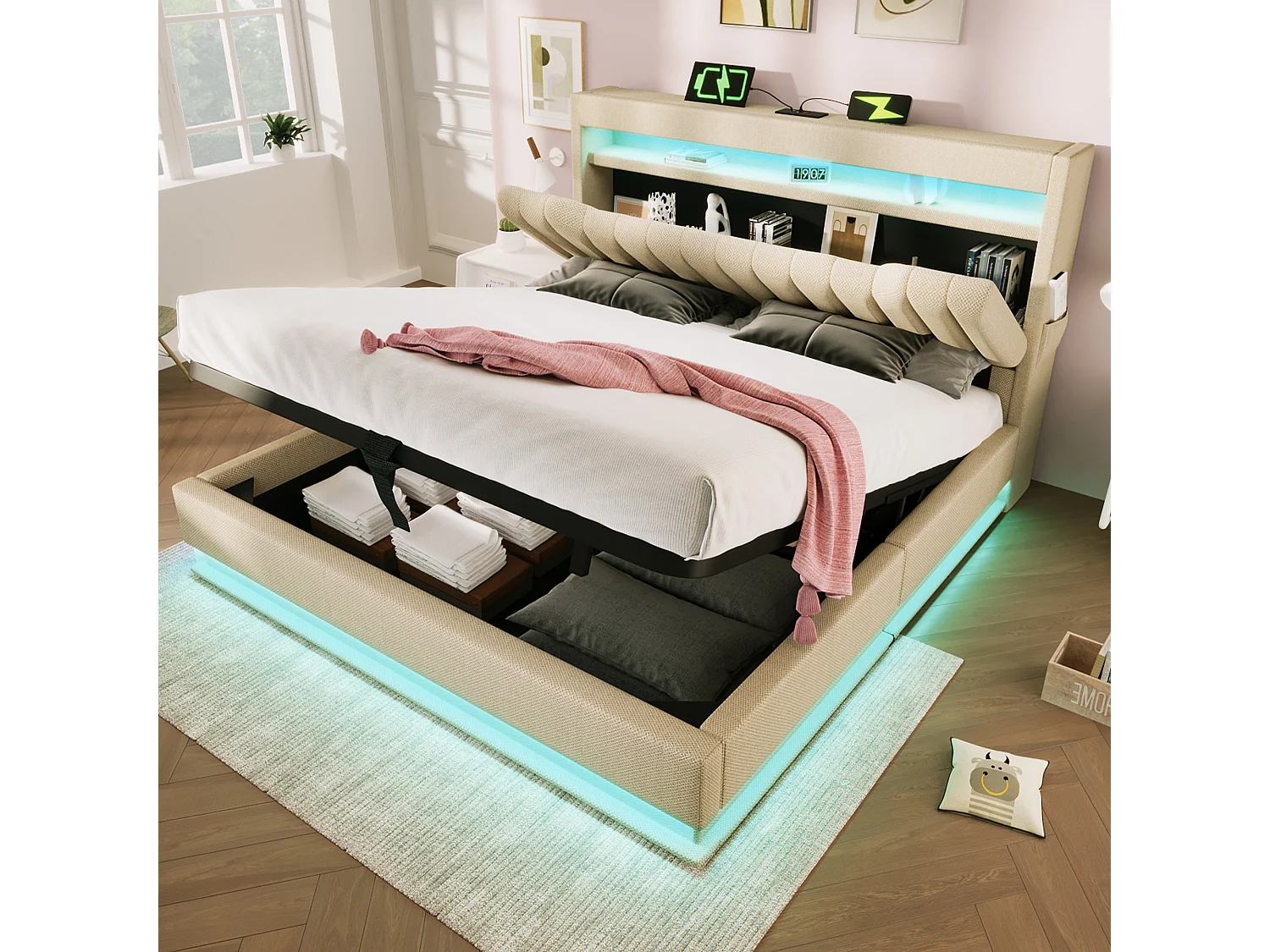 Letto 140x200 cm con testiera contenitore, porte USB e Type-C, illuminazione a LED, con contenitore idraulico, in lino beige (218x142x112 cm)