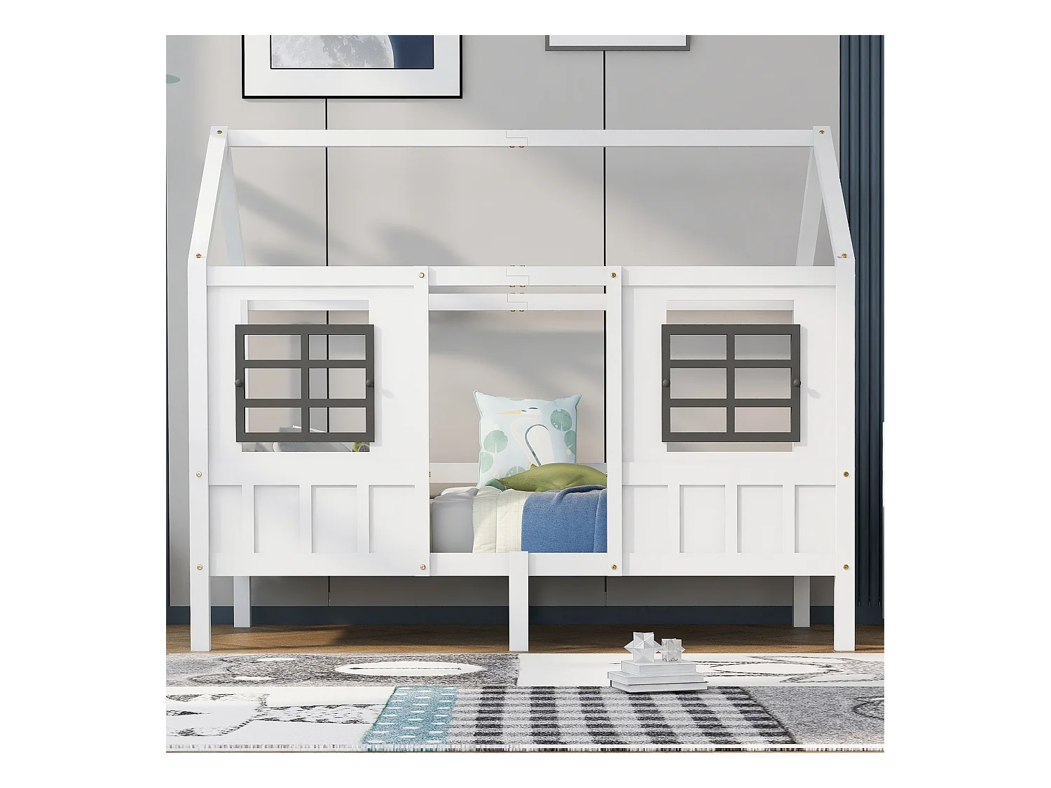 Lit Maison avec Fenêtres, Lit Enfant, Lit Simple et Double, Cadre en Bois Massif, MDF, Blanc (200x90cm)