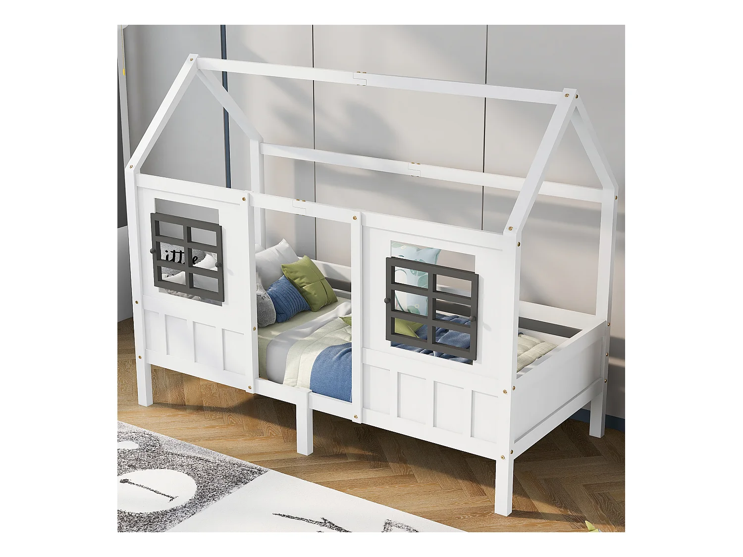 Lit Maison avec Fenêtres, Lit Enfant, Lit Simple et Double, Cadre en Bois Massif, MDF, Blanc (200x90cm)