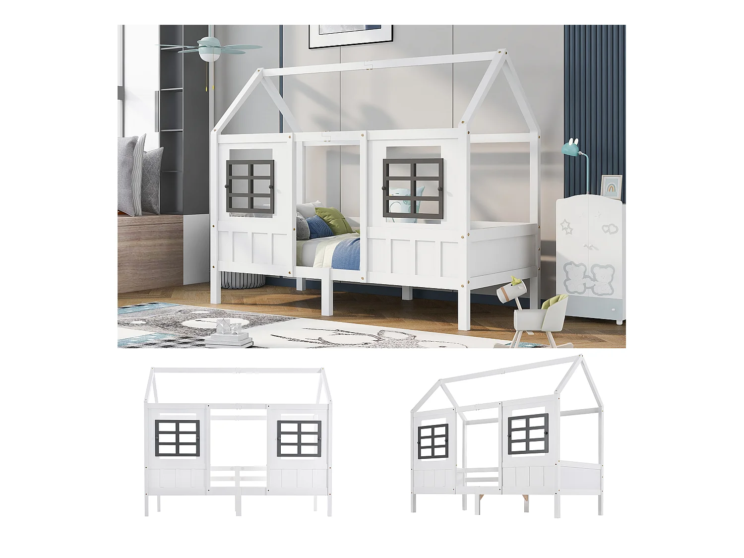 Lit Maison avec Fenêtres, Lit Enfant, Lit Simple et Double, Cadre en Bois Massif, MDF, Blanc (200x90cm)