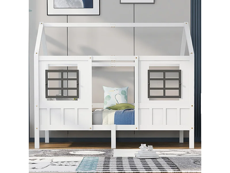 Letto a forma di casa con finestre, letto per bambini, singolo e matrimoniale, struttura in legno massello, MDF, bianco (200x90 cm)