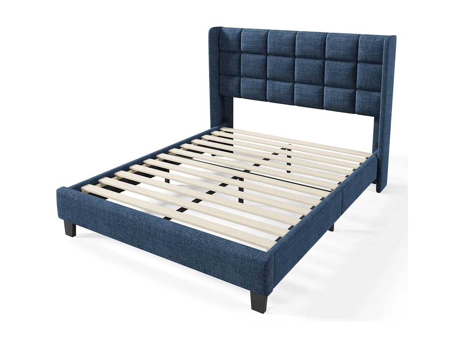 Letto matrimoniale imbottito con box spring, testiera imbottita, lino blu, finitura elegante (146x208x111cm)