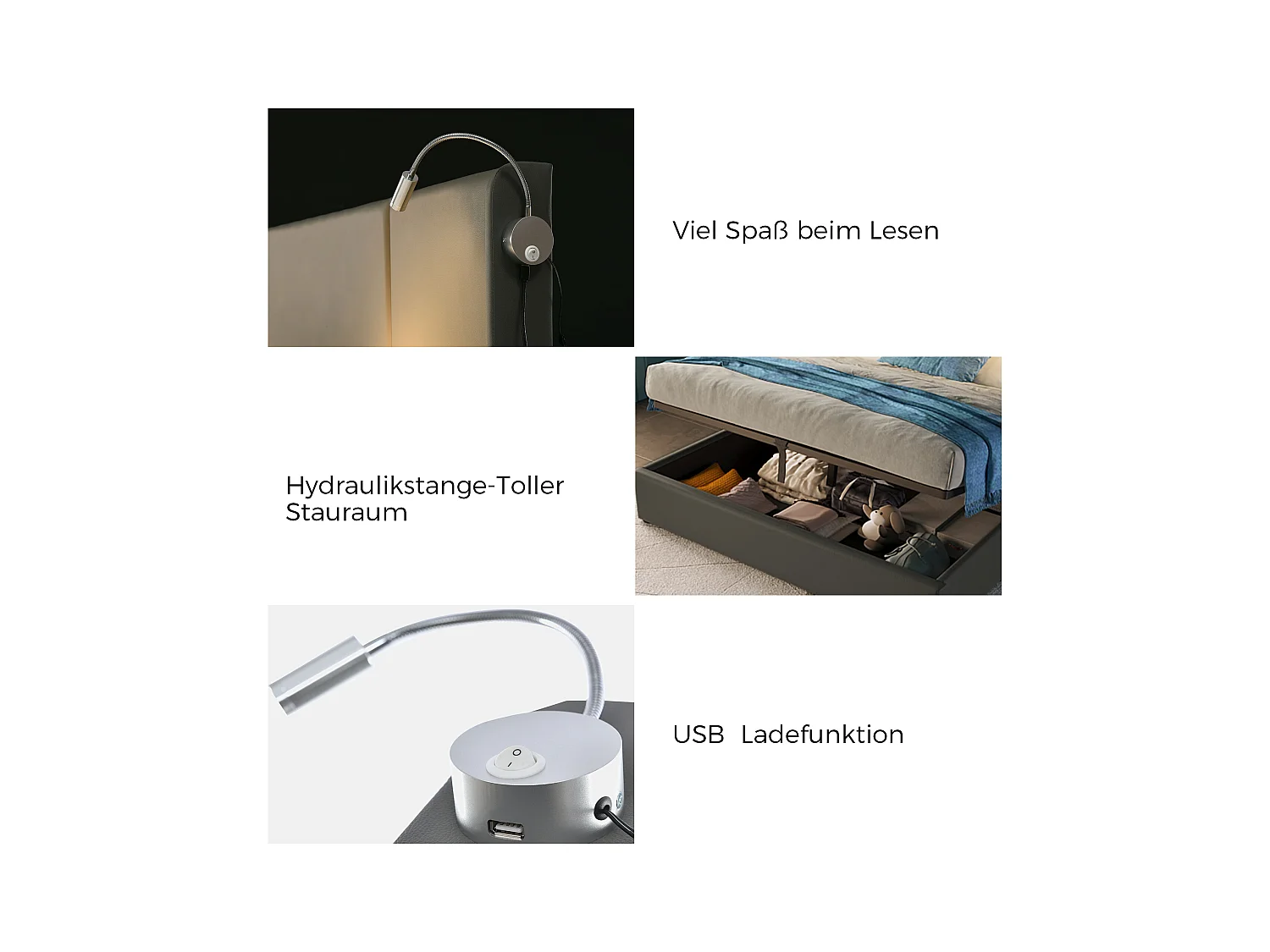 Lit double avec rangement, liseuse et chargeur USB, PU gris (206x145x107cm)