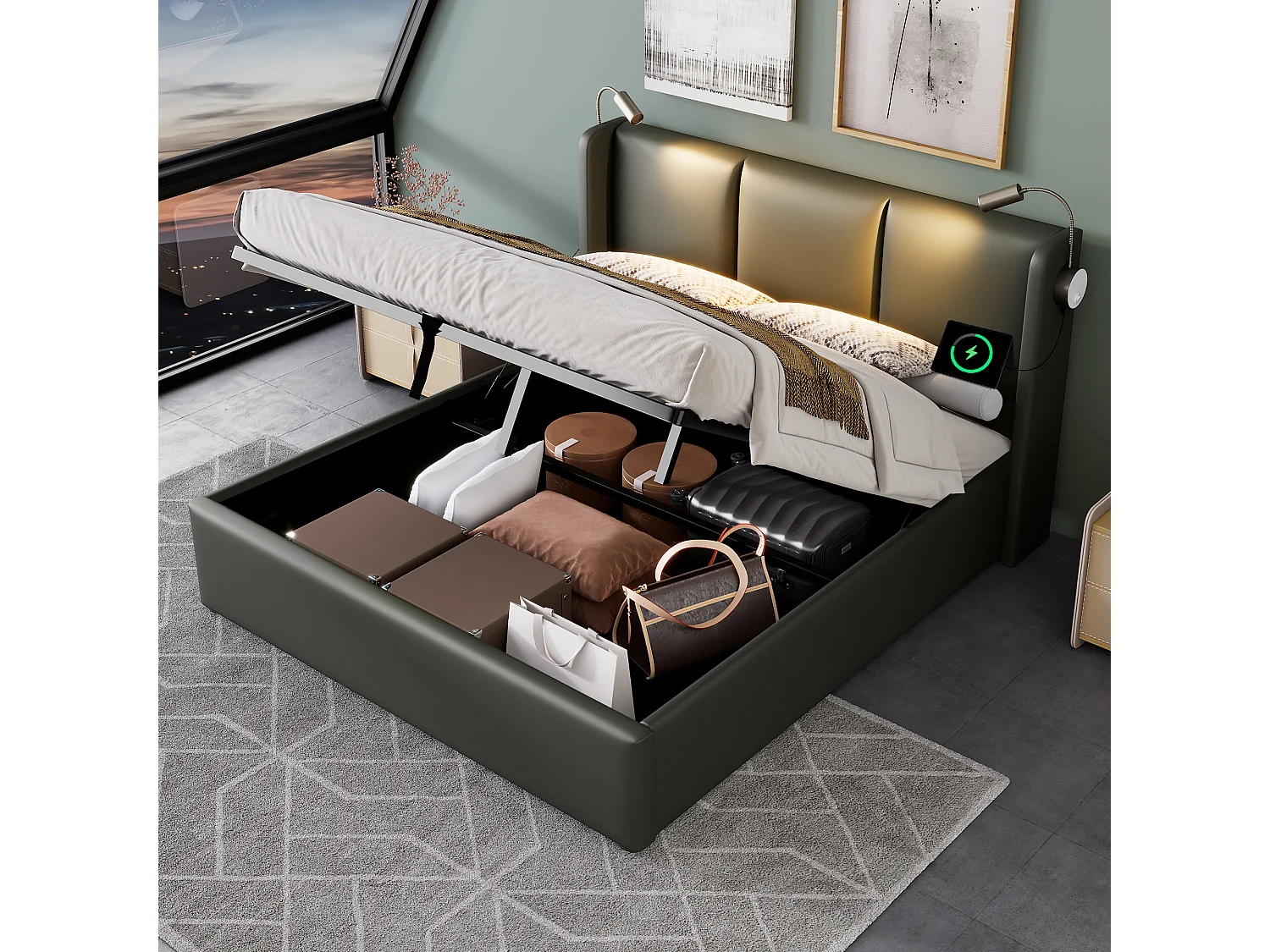 Tweepersoonsbed met opbergruimte, leeslampje en USB-oplader, grijs PU (206x145x107cm)