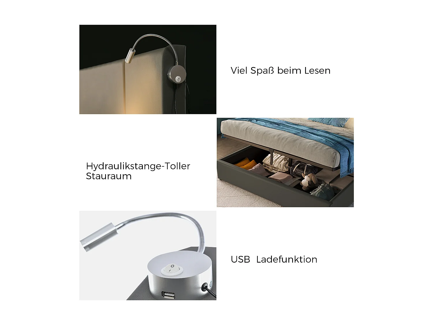 Tweepersoonsbed met opbergruimte, leeslampje en USB-oplader, grijs PU (206x145x107cm)