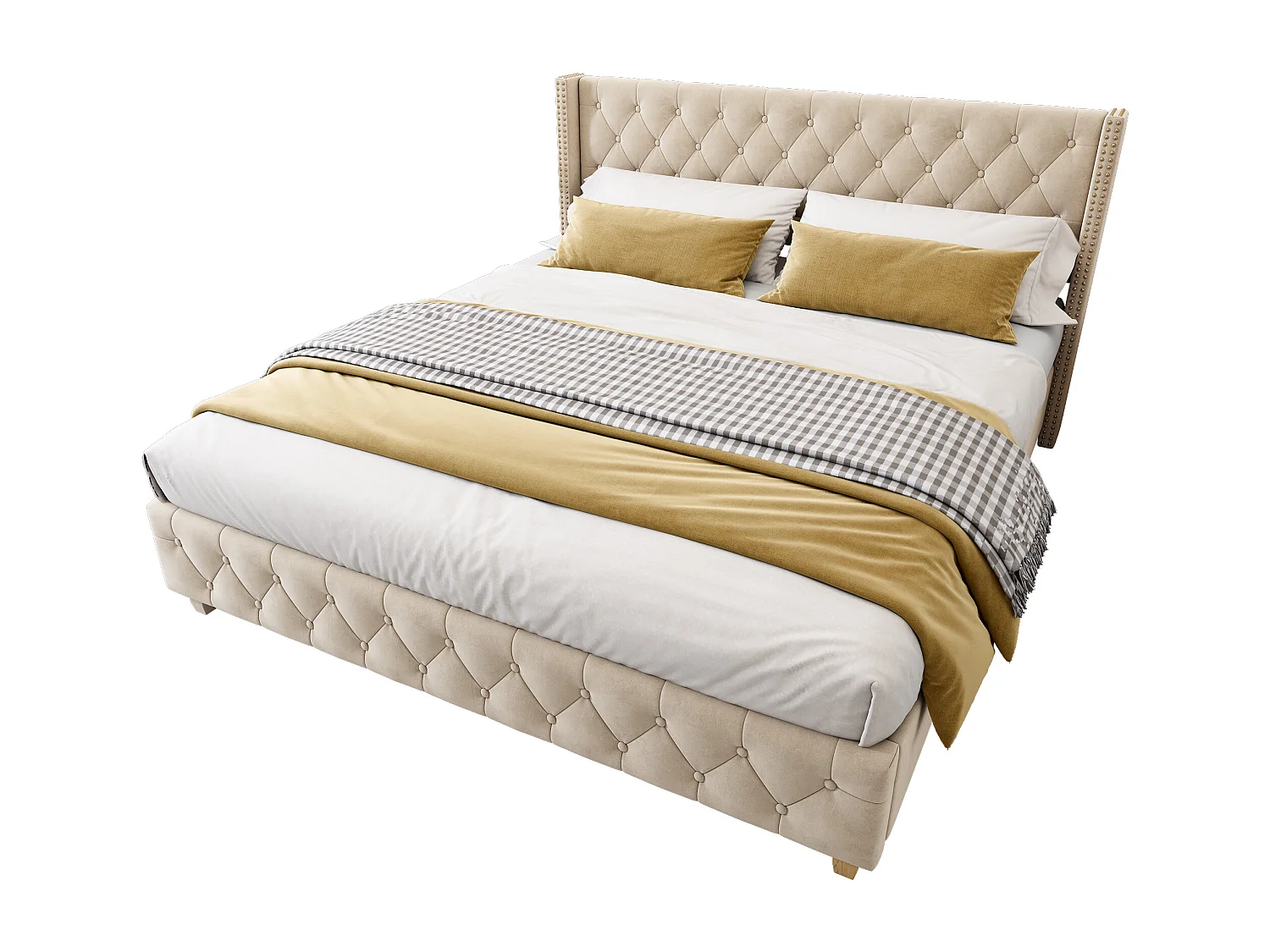 Gestoffeerd bed 160x200 cm met hoofdbord en lattenbodem, knopen, decoratieve nagels, houten poten, lichtbeige fluweel (160x200x108 cm) ### Productdetails: