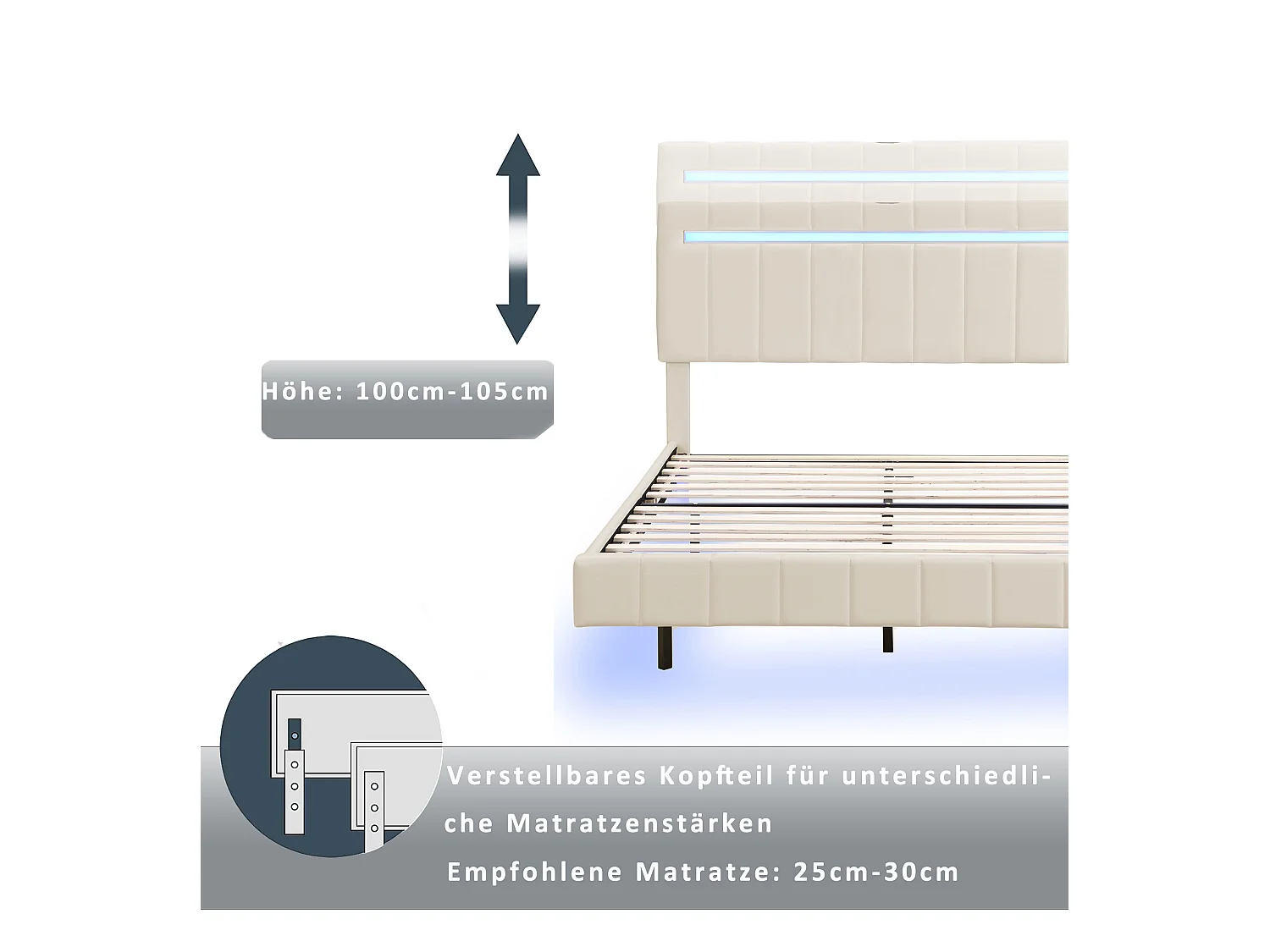 Lit double flottant avec LED, lin, beige (210x151x100cm)
