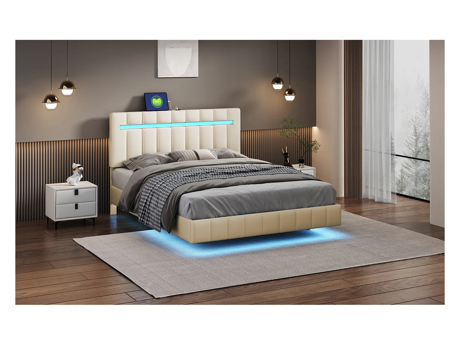 Lit double flottant avec LED, lin, beige (210x151x100cm)