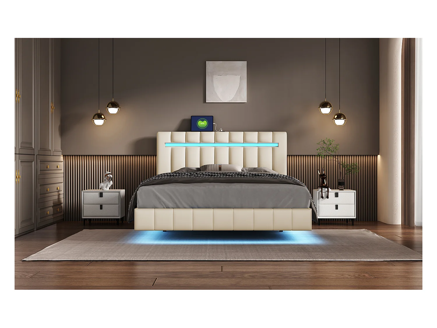 Lit double flottant avec LED, lin, beige (210x151x100cm)