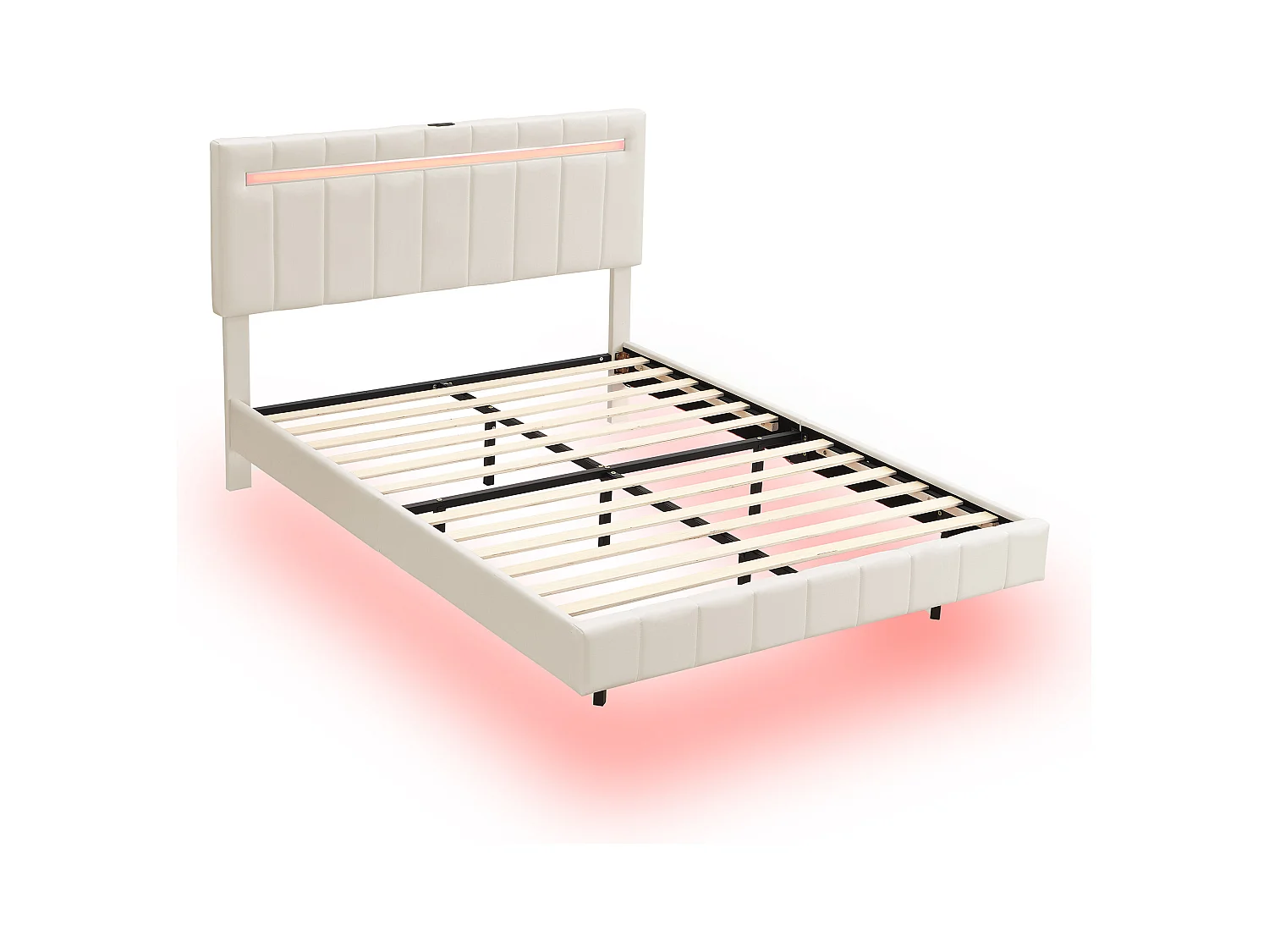 Lit double flottant avec LED, lin, beige (210x151x100cm)