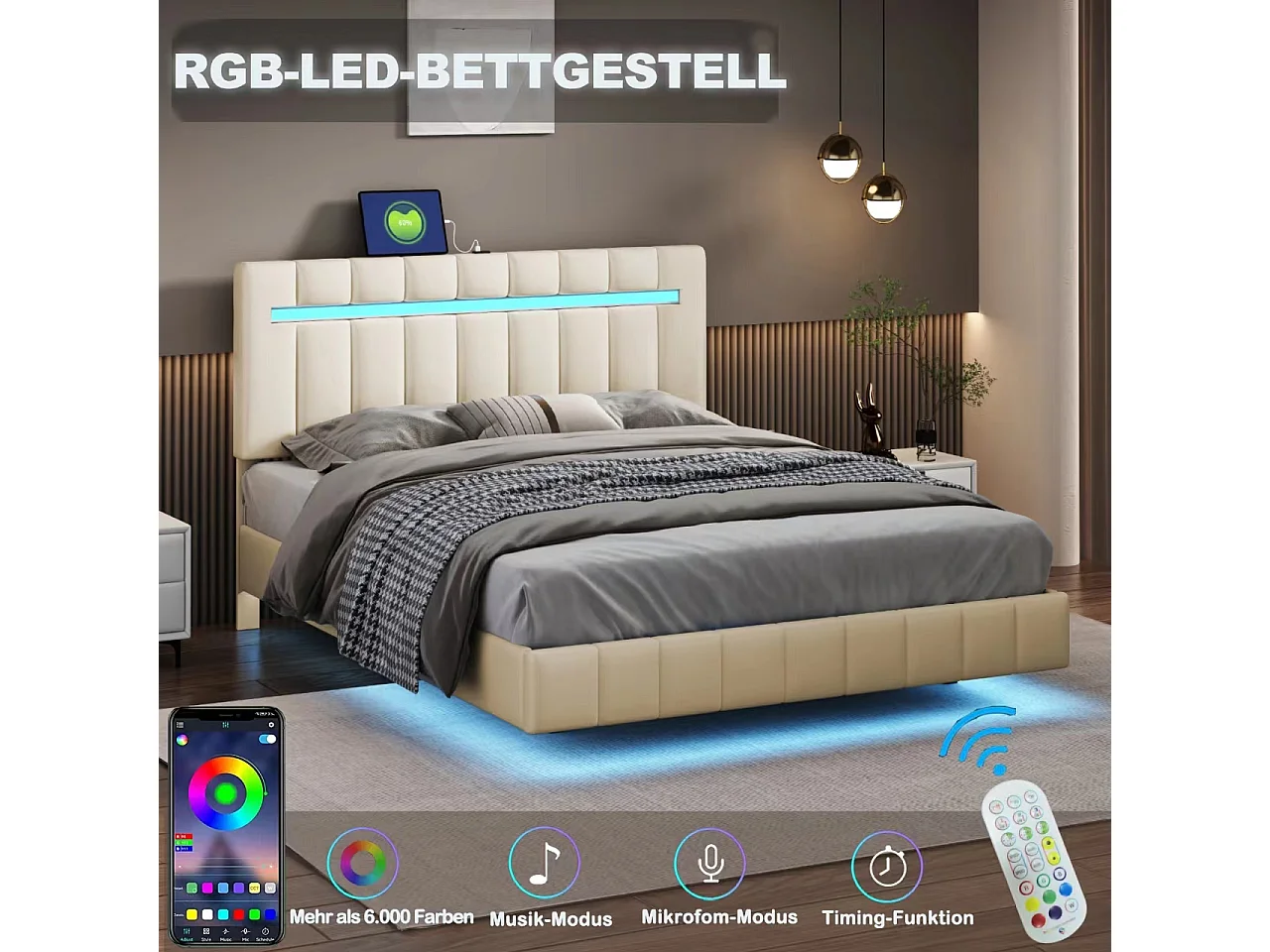 Lit double flottant avec LED, lin, beige (210x151x100cm)