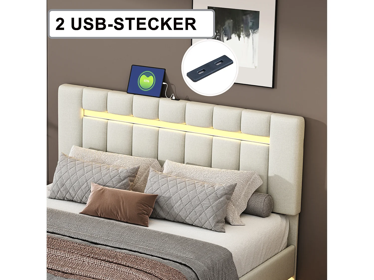 Lit double flottant avec LED, lin, beige (210x151x100cm)