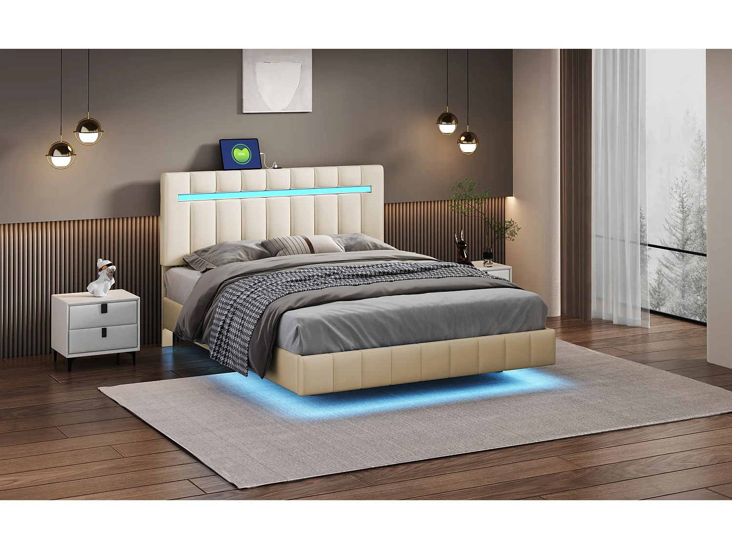 Lit double flottant avec LED, lin, beige (210x151x100cm)